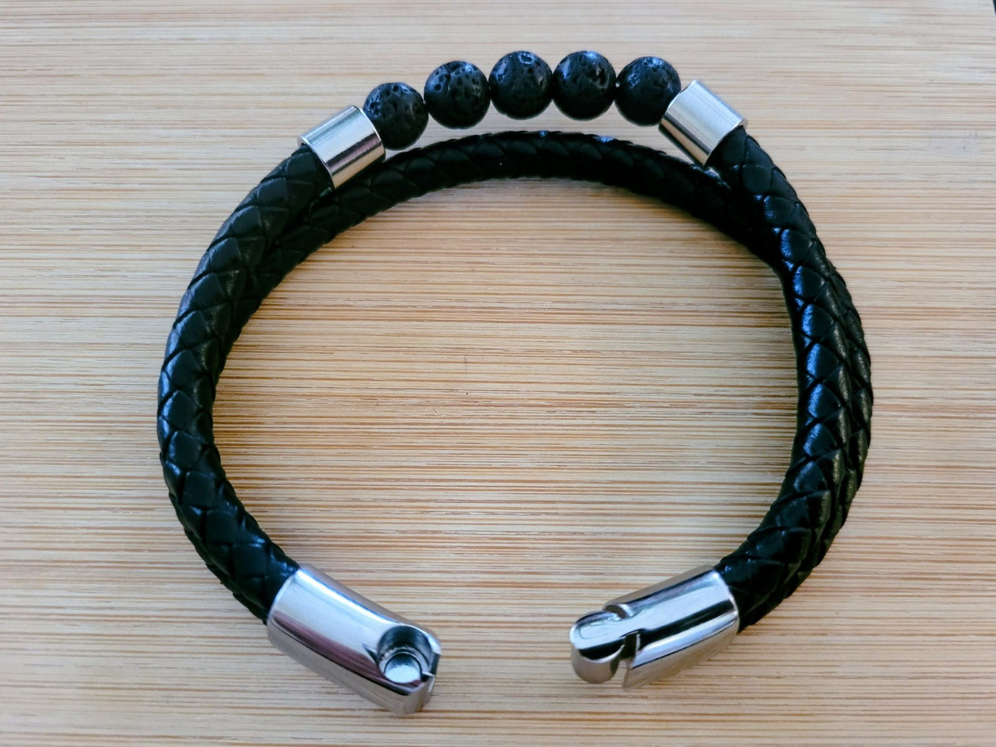 Bracelet Cuir/Pierre 5 Perles De Lave 21cm Solide Mixte (Min4)