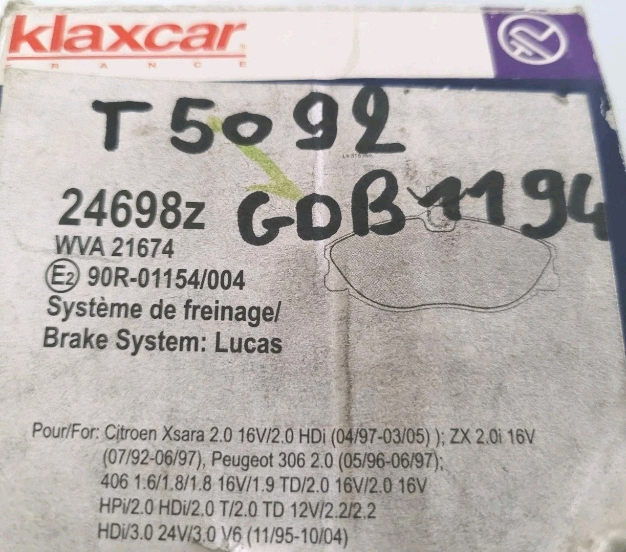 Jeu De Plaquettes Klaxcar Avants Peugeot Citroen Zara ZX 306 24698z (#AUT112)
