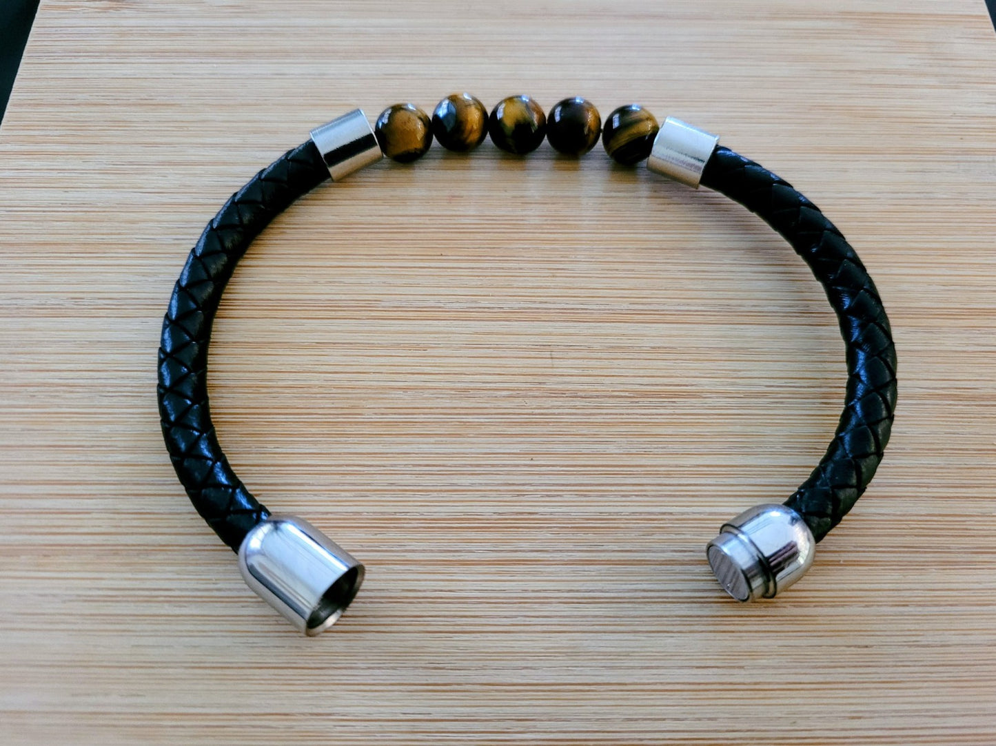 Bracelet Cuir/Pierre 5 Perles Œil De Tigre 21cm Solide Mixte (Min2)