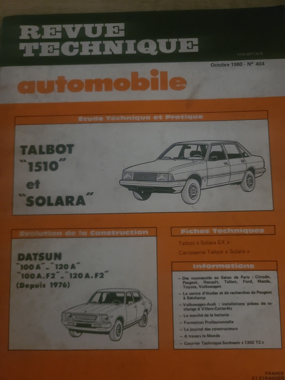 RTA Revue Technique Automobile Talbot 1510 Et Solara Livre Ancien 1980 (Liv243)