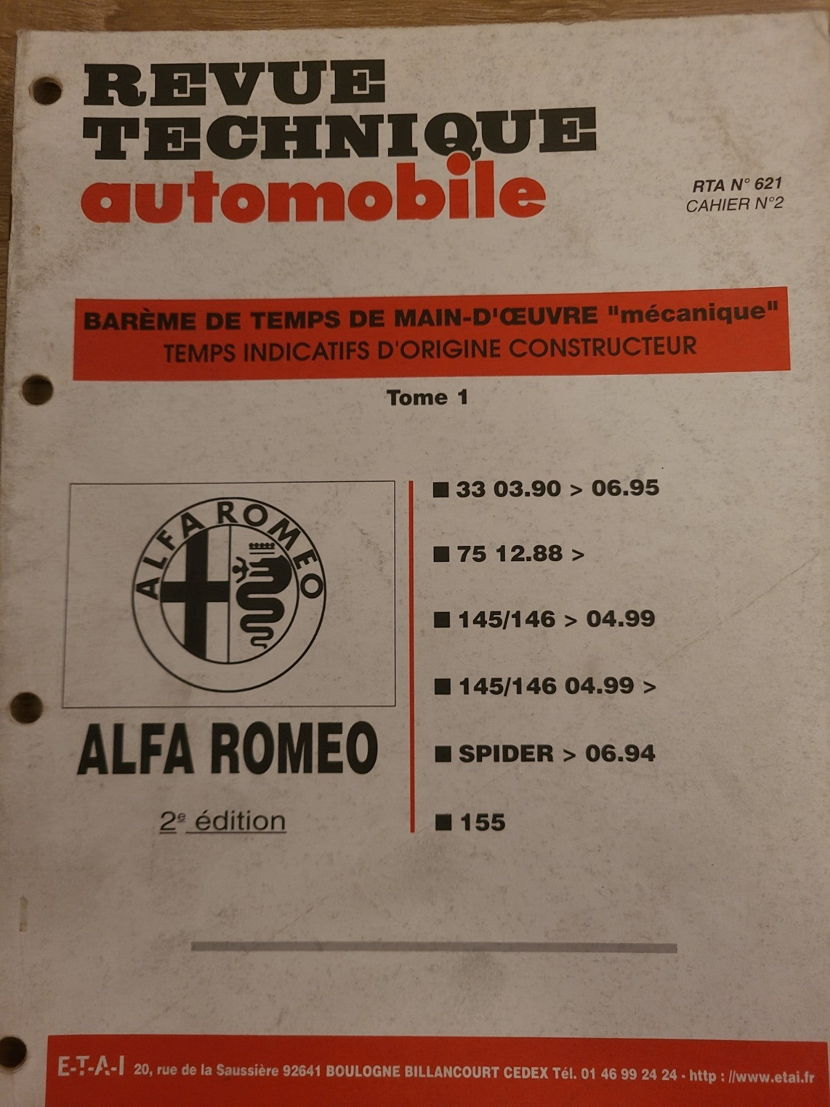 Baremes Temps Revue Technique Automobile ALFA ROMEO  Collector 1999 (Liv148)