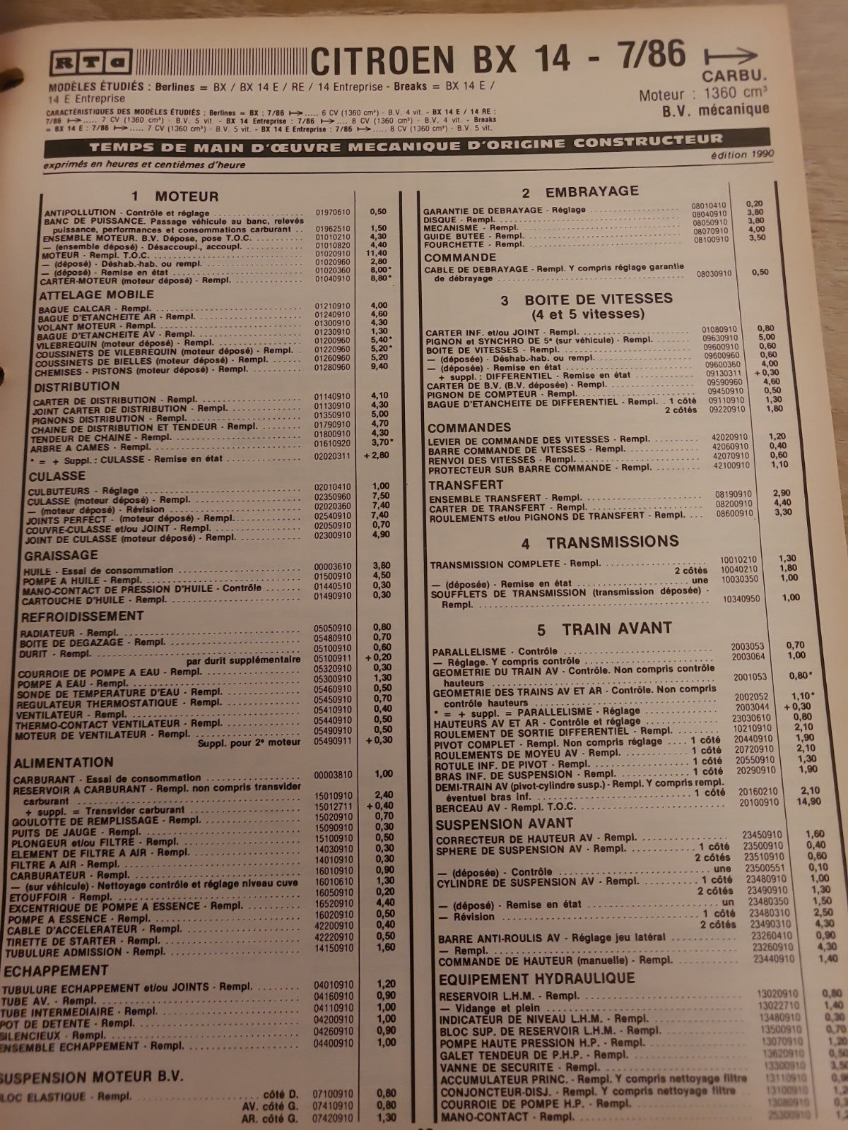 Baremes Temps Revue Technique Automobile CITROEN  Collector 1990  (Liv150)