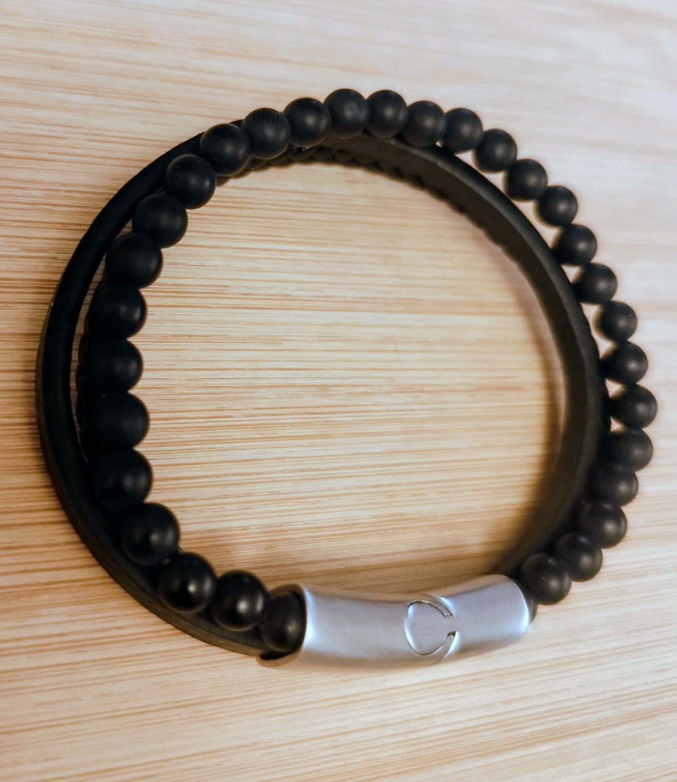 Bracelet Cuir Et Perles 6mm Onyx Fermeture Acier Solide 21cm (Min16)