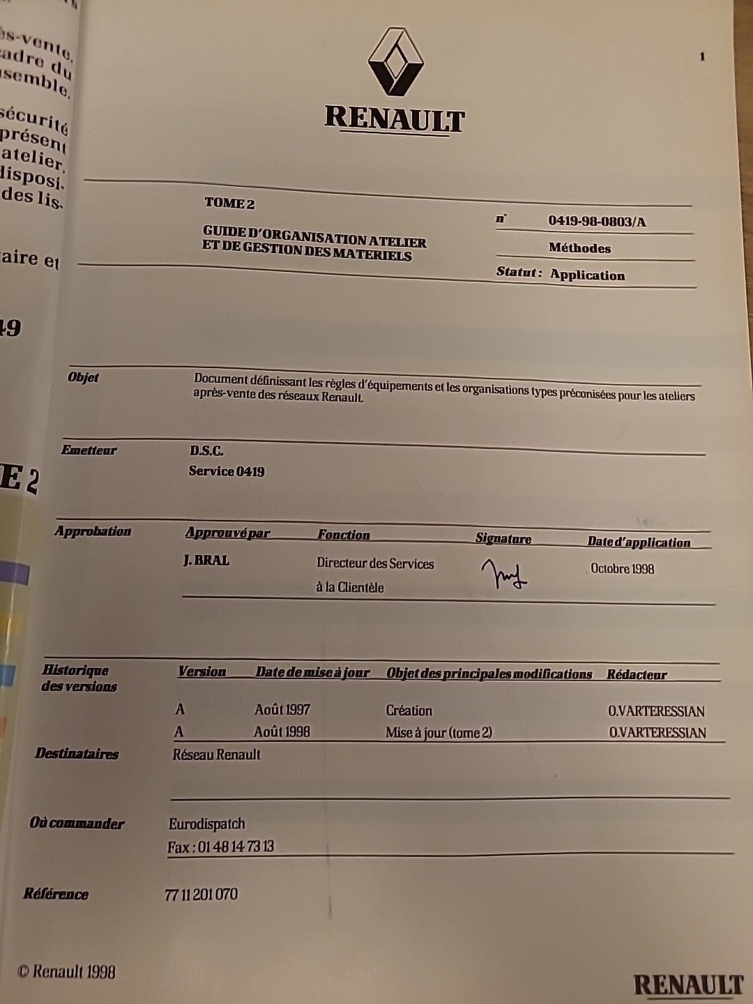 Collector Manuel organisation atelier RENAULT 1998 Gestion Matériel... (Liv116)