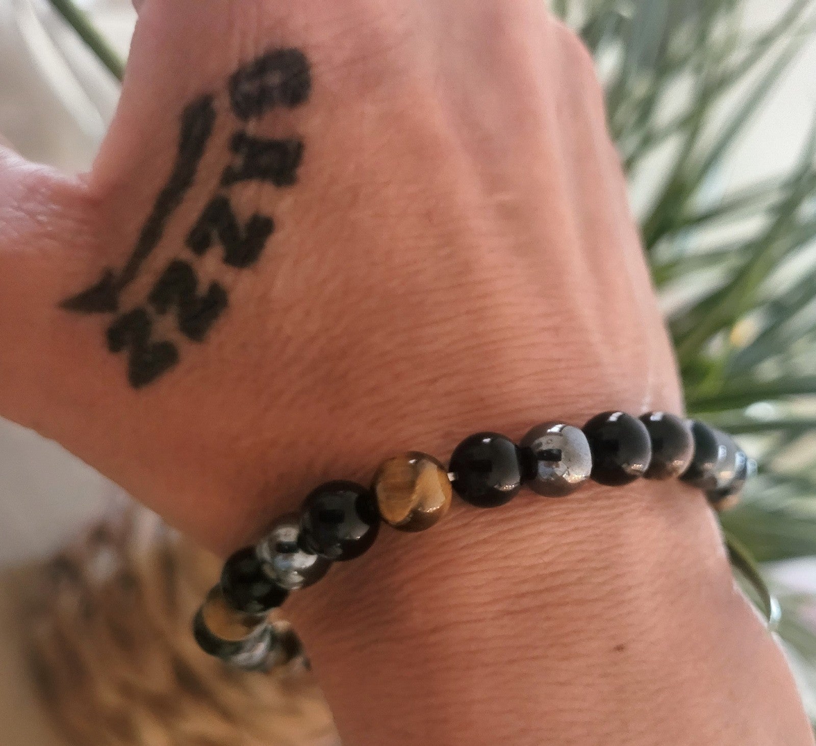 Bracelet Extensible Œil De Tigre Hématite Obsidienne 22cm Solide (Min5)
