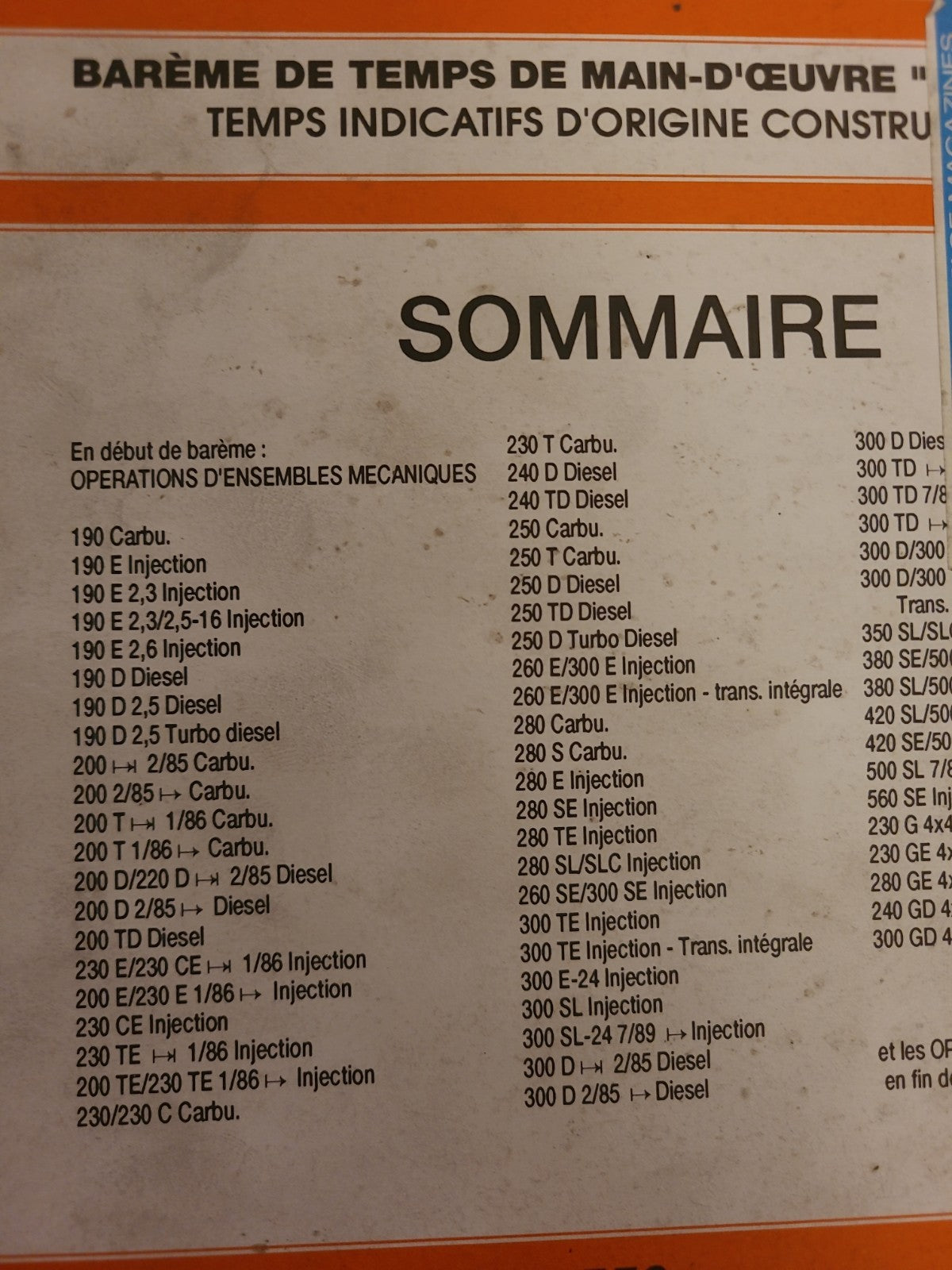 Baremes Temps Revue Technique Automobile MERCEDES Collector 1993 (Liv156)