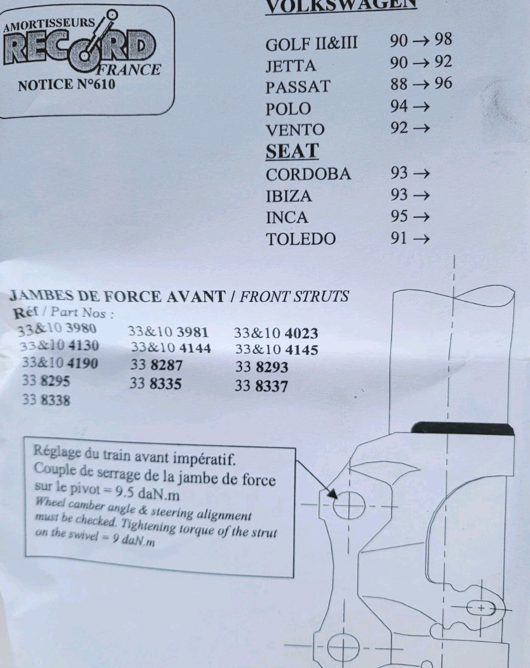 Paire D'amortisseurs Neufs Avant Vw Seat Golf 2 3 Passat Record 104130 (#AUT213)