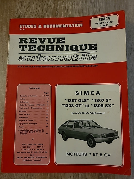 Revue Technique Auto SIMCA 1307 1308 1309 RTA de 125 pages (Liv84)