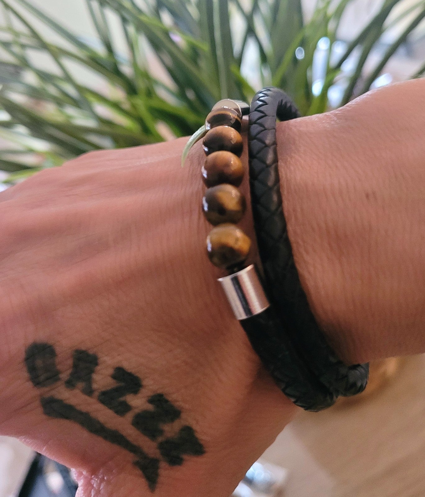 Bracelet Cuir/Pierre 5 Perles Œil De Tigre 21cm Solide Mixte (Min3)