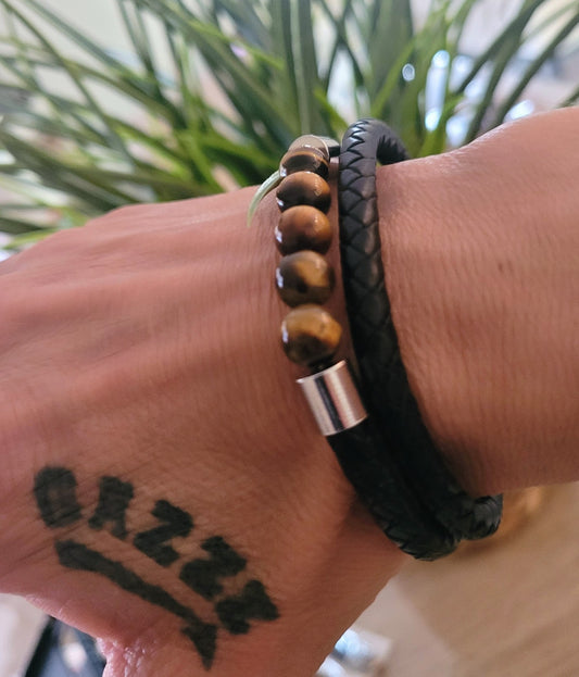 Bracelet Cuir/Pierre 5 Perles Œil De Tigre 21cm Solide Mixte (Min3)