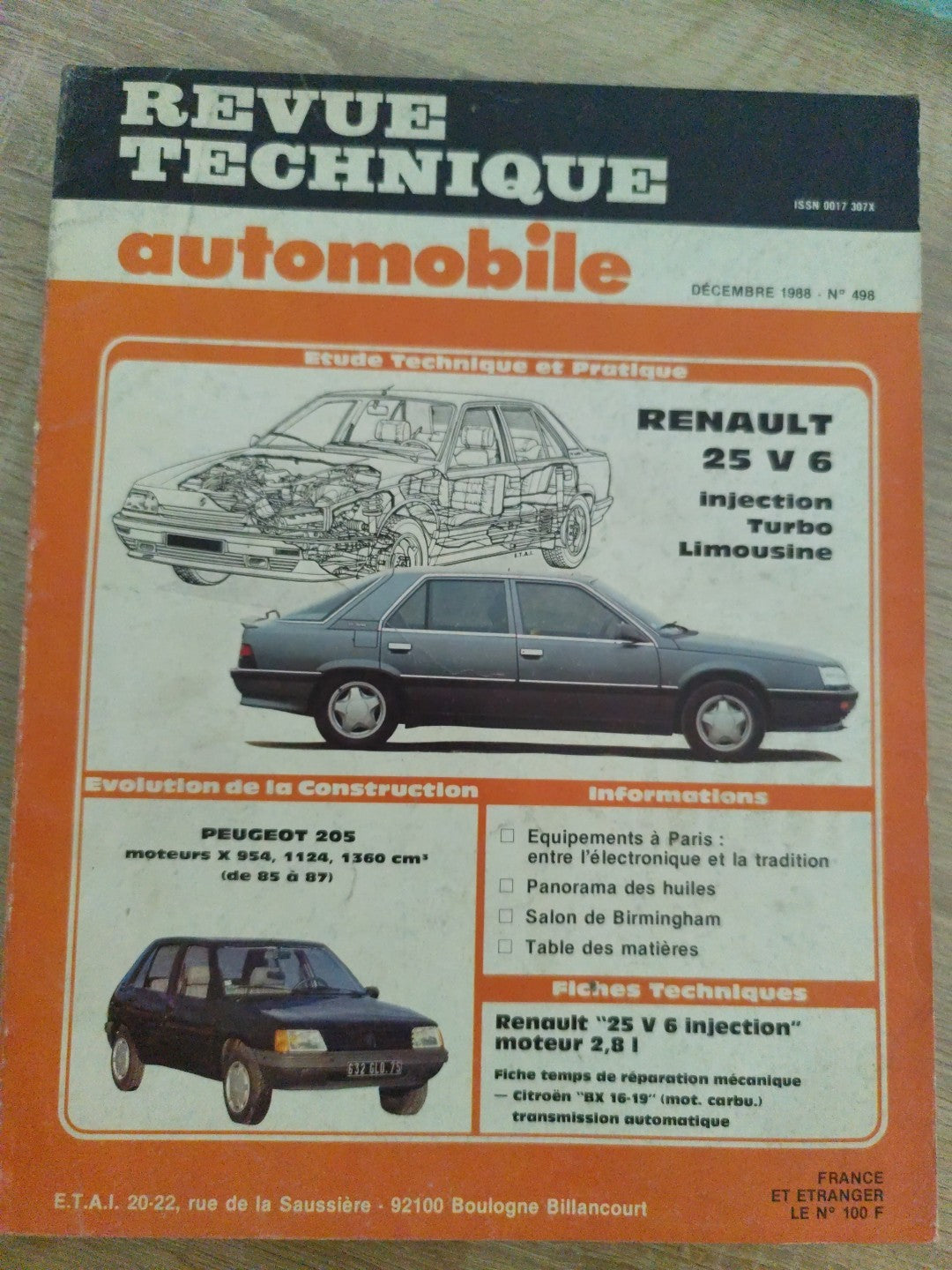 Revue Technique Auto Renault 25 V6 Injection Turbo Limousine RTA  (Liv129)