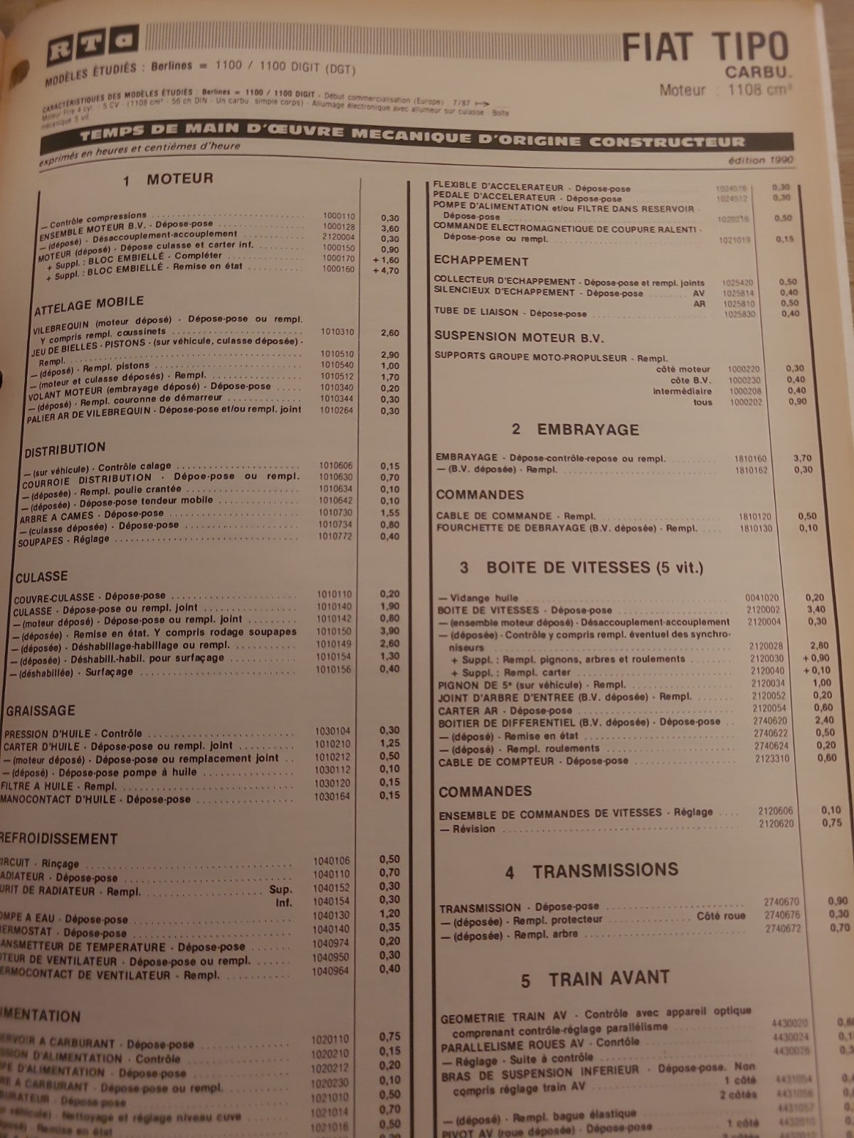 Baremes Temps Revue Technique Automobile FIAT  Collector 1990 (Liv151)