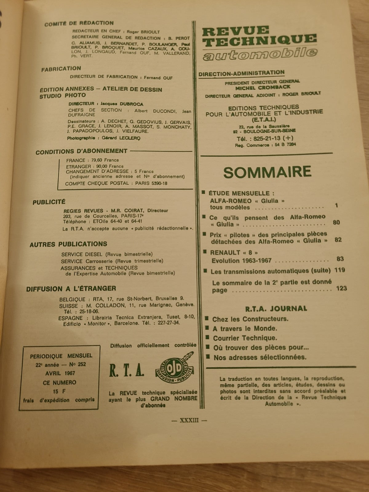 RTA Revue Technique Automobile Alfa Romeo Giulia 1967 (Liv168)