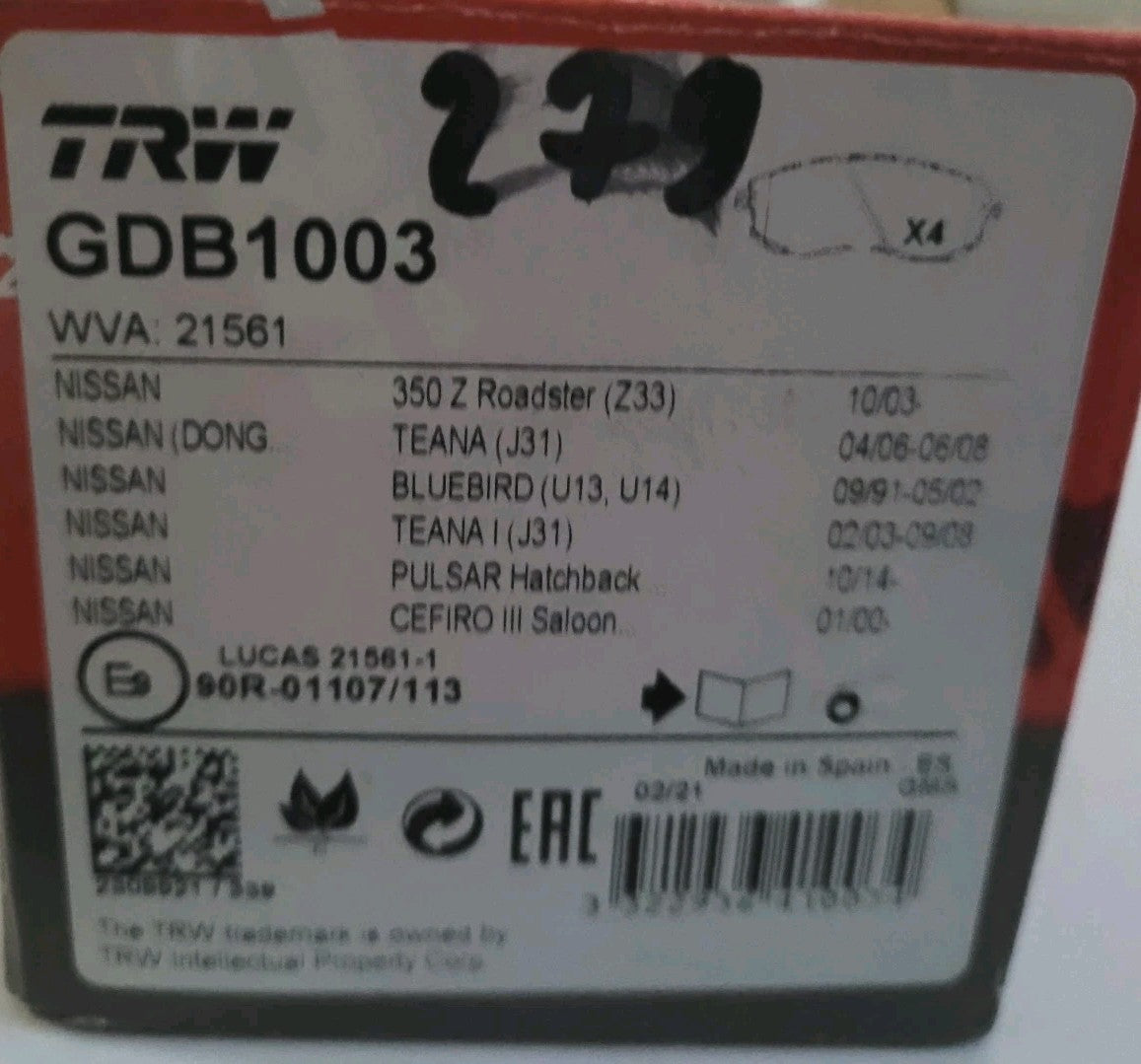 Jeu Plaquettes NEUF Av Infiniti Nissan 350z Suzuki 3322936410034 (#AUT279)