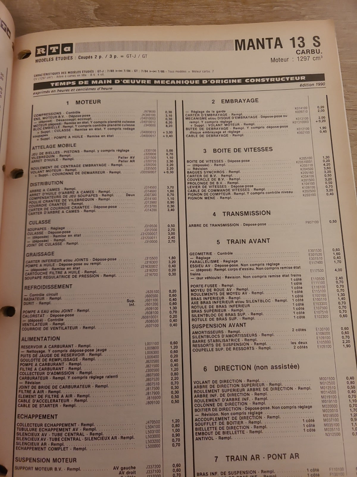 Baremes Temps Revue Technique Automobile OPEL  Collector 1990 (Liv152)