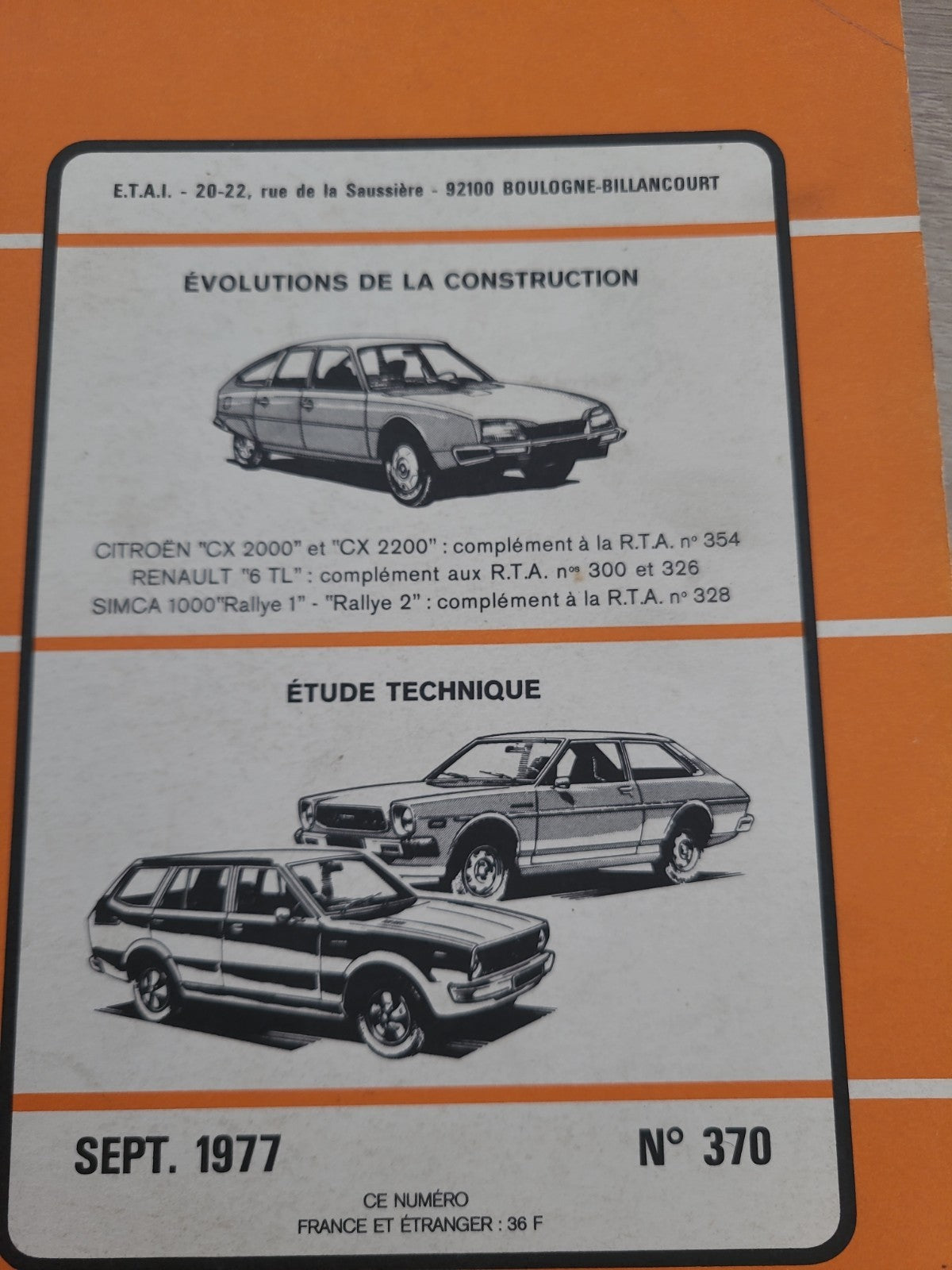 RTA Revue Technique Automobile Citroën CX Renault 6 Simca 1000 1977 (Liv164)