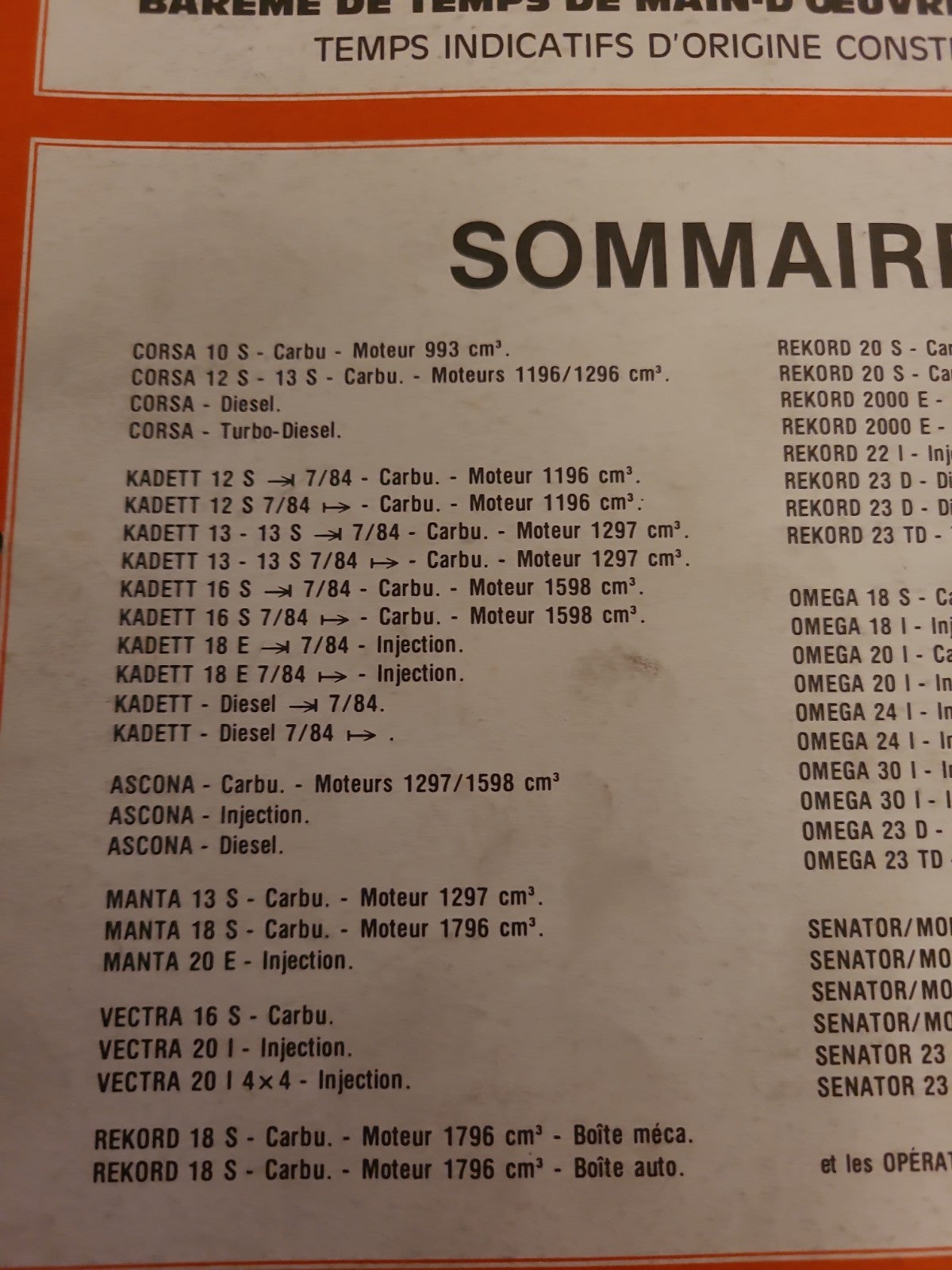 Baremes Temps Revue Technique Automobile OPEL  Collector 1990 (Liv152)
