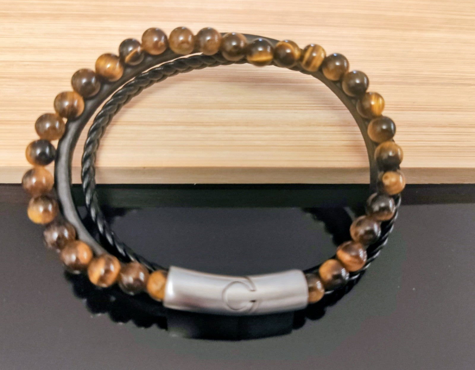 Bracelet Cuir Et Perles 6mm Oeil De Tigre Fermeture Acier Solide 21cm (Min29)