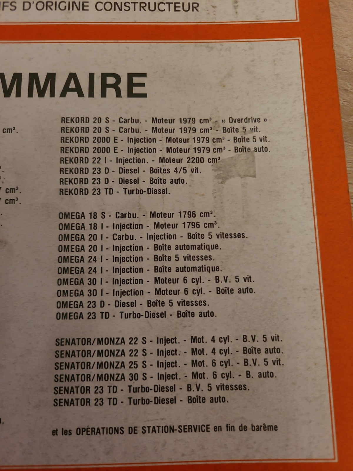 Baremes Temps Revue Technique Automobile OPEL  Collector 1990 (Liv152)