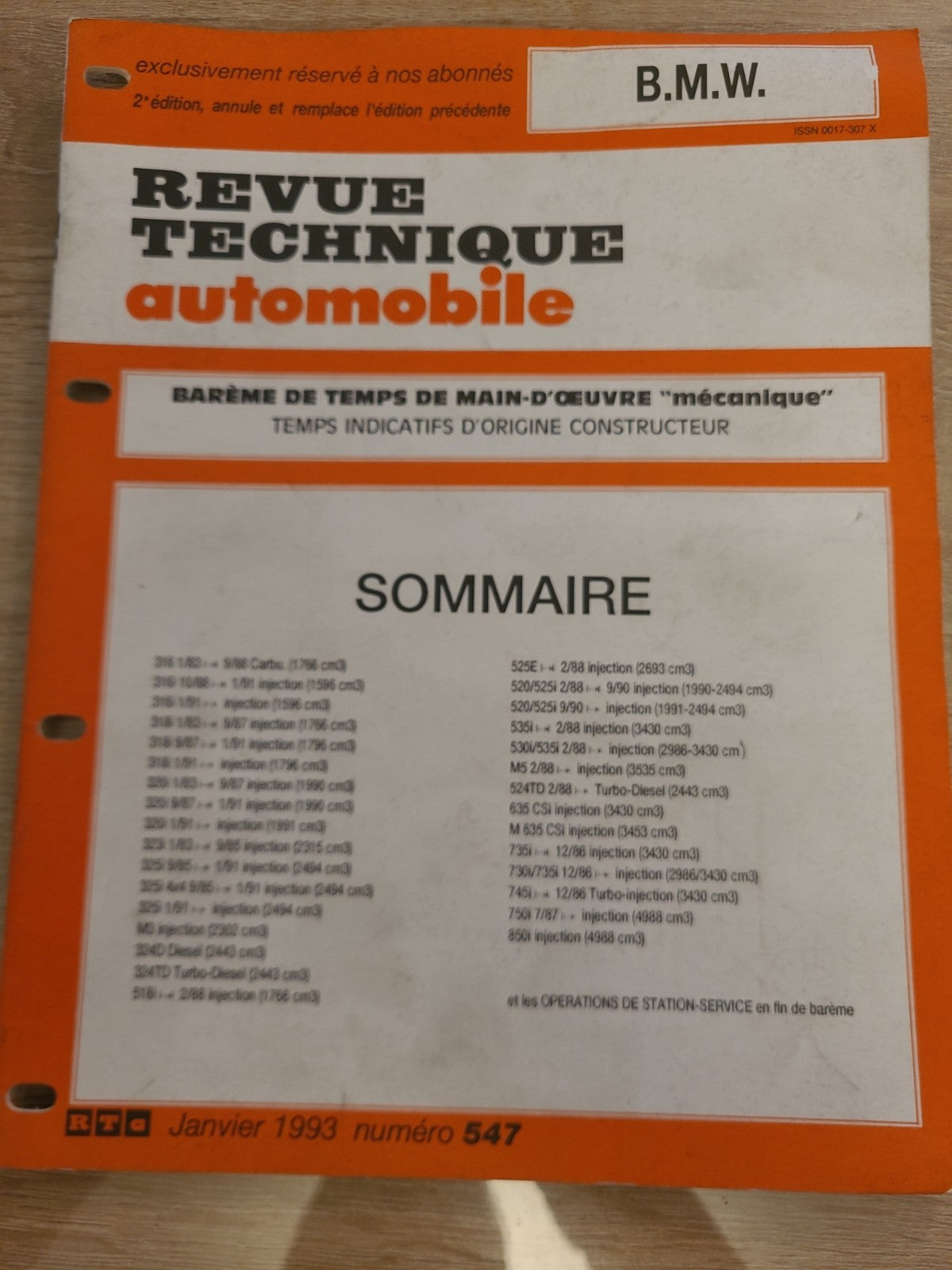 Baremes Temps Revue Technique Automobile BMW  Collector 1993  (Liv141)