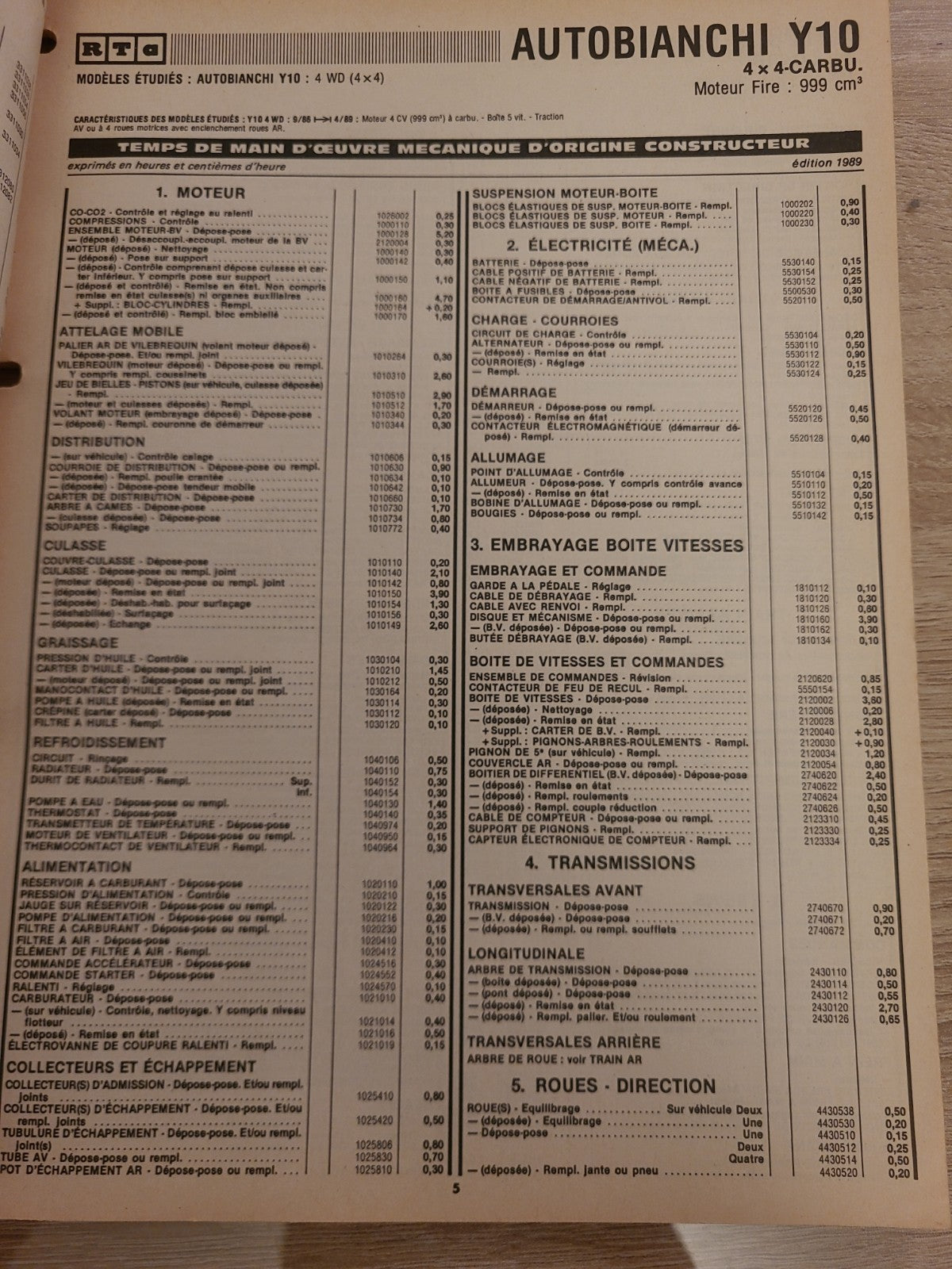 Baremes Temps Revue Technique Automobile LANCIA  Collector 1989 (Liv146)