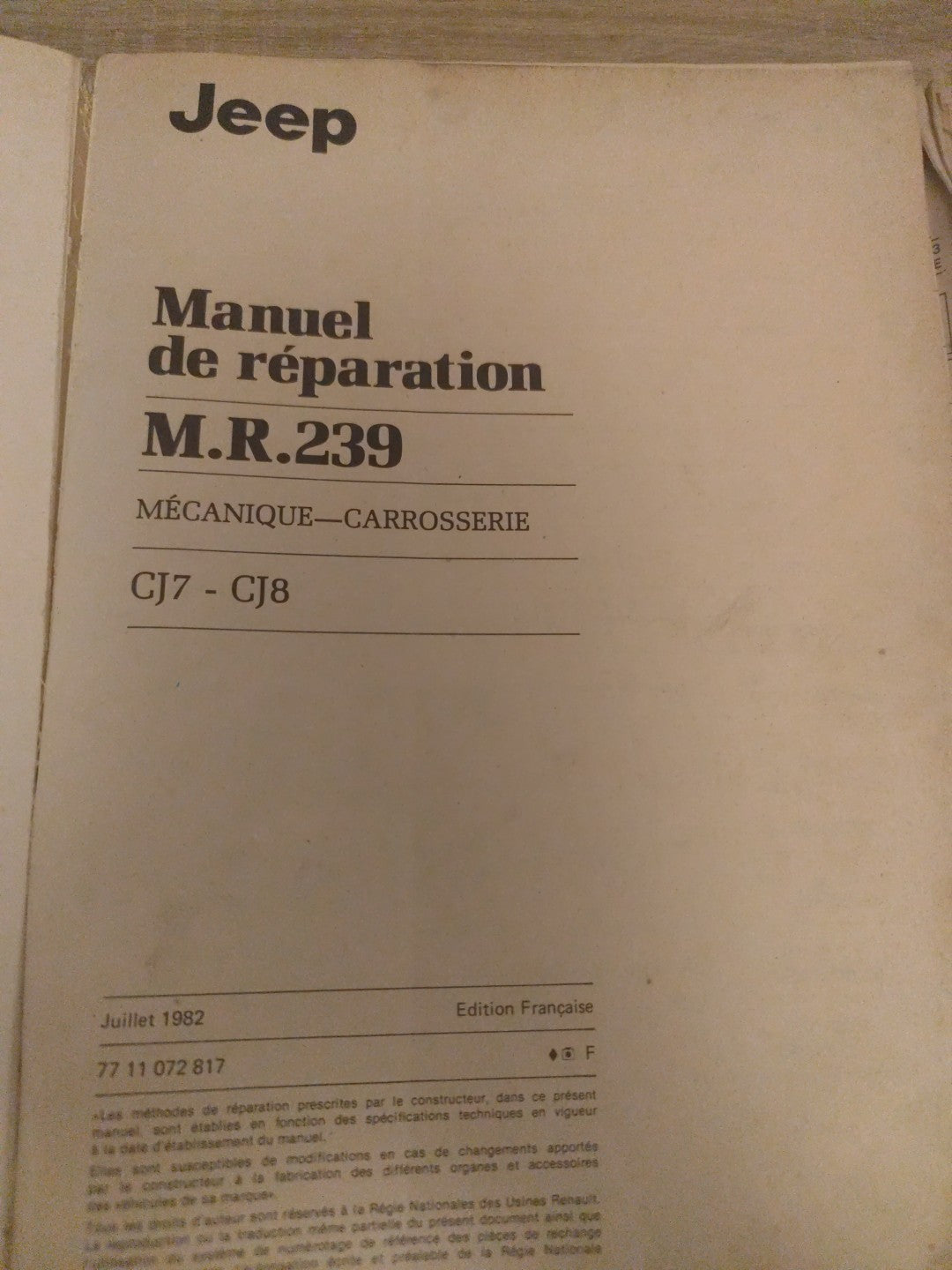 Collector Manuel De Réparation 1982 RENAULT JEEP Mr239 77 11 0 72 817 (Liv118)