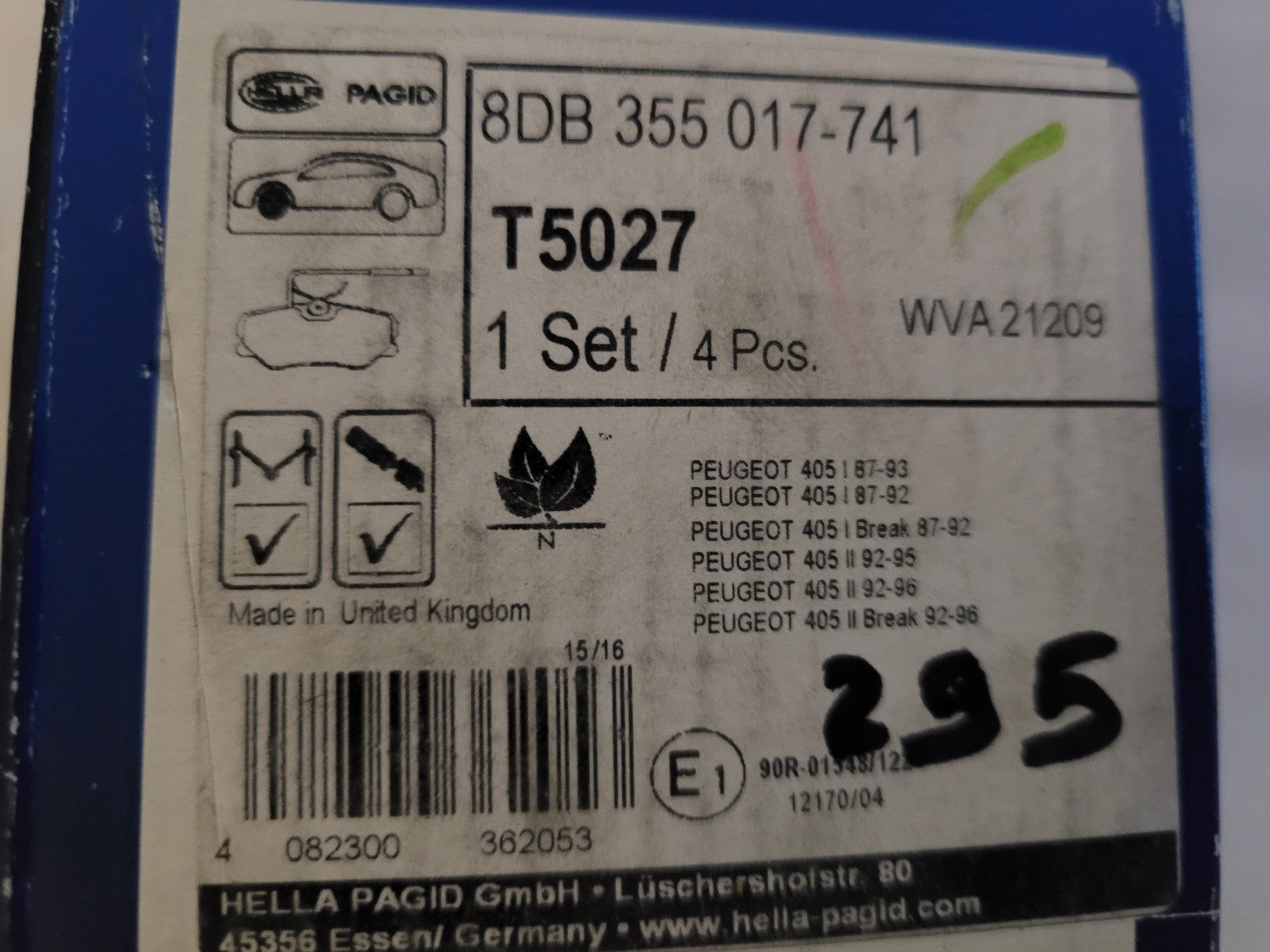 Jeu Plaquettes Av NEUF Peugeot Citroën 405 4082300362053 (#AUT295)