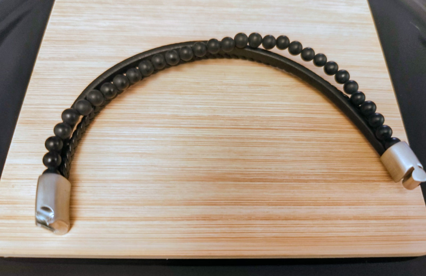 Bracelet Cuir Et Perles 6mm Onyx Fermeture Acier Solide 21cm (Min16)