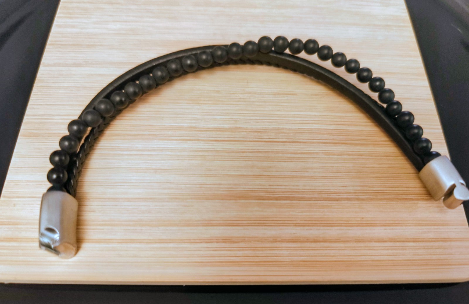 Bracelet Cuir Et Perles 6mm Onyx Fermeture Acier Solide 21cm (Min16)