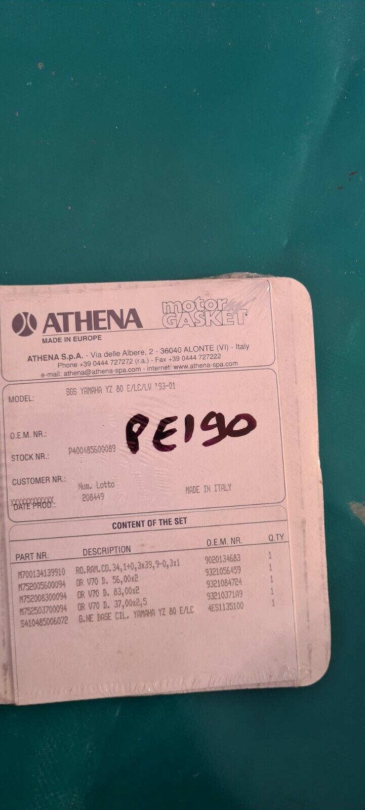 Joints p400485600089 yz 80 93 à 00 (code PE190)