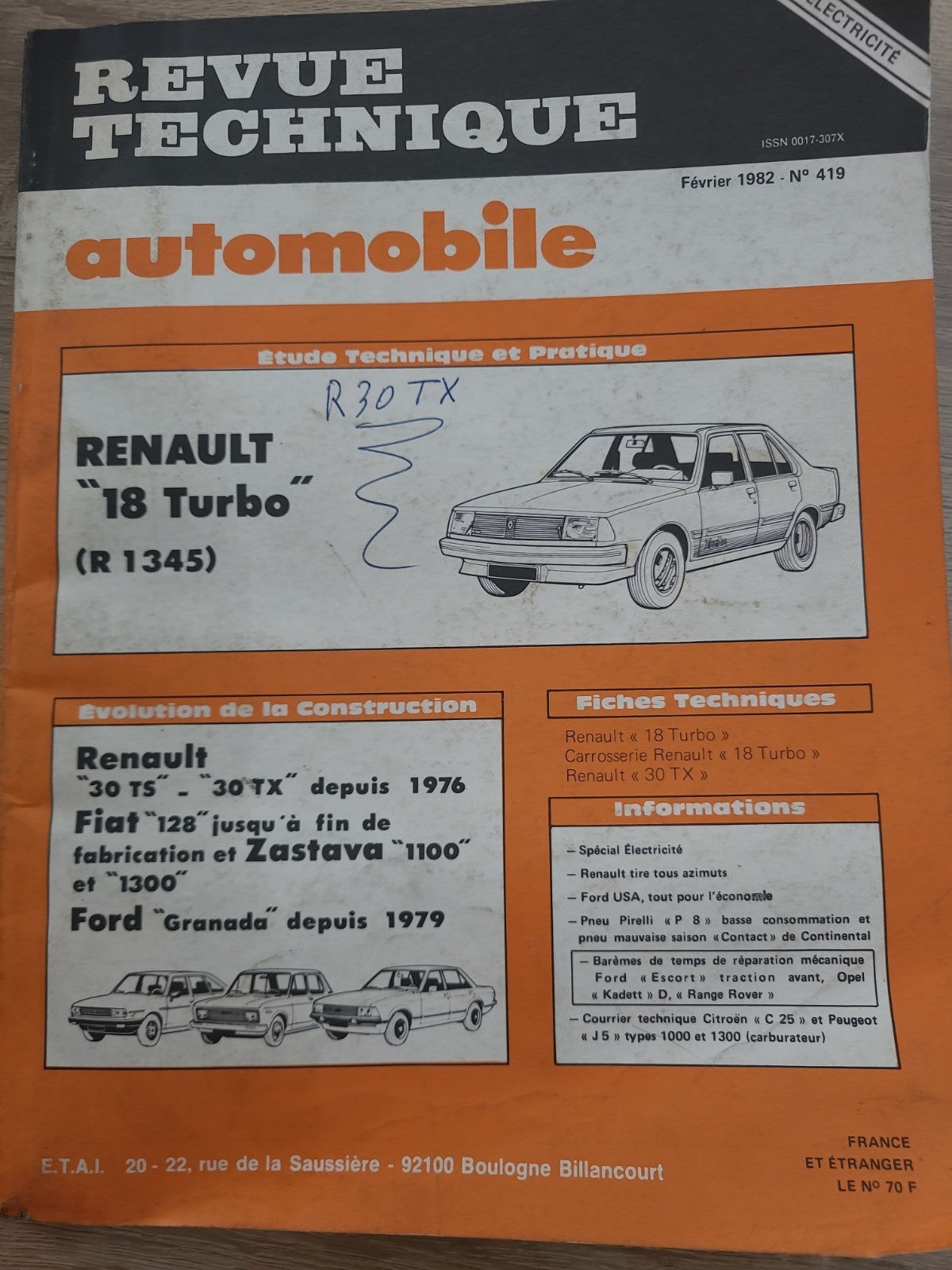 RTA Revue Technique Automobile Renault 18 Turbo R 1345 1982 (Liv171)