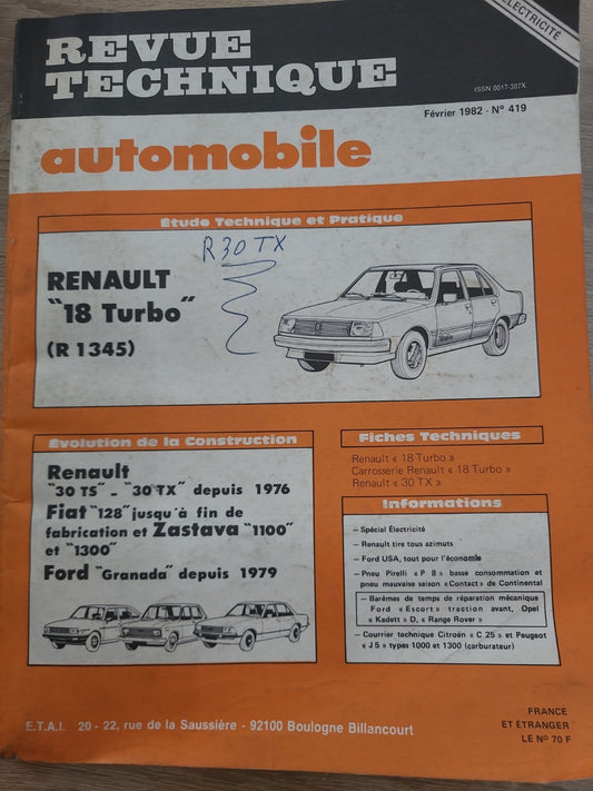 RTA Revue Technique Automobile Renault 18 Turbo R 1345 1982 (Liv171)