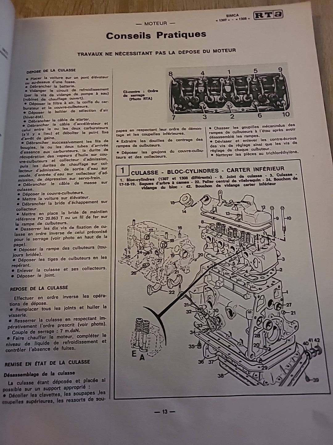Revue Technique Auto SIMCA 1307 1308 1309 RTA de 125 pages (Liv84)
