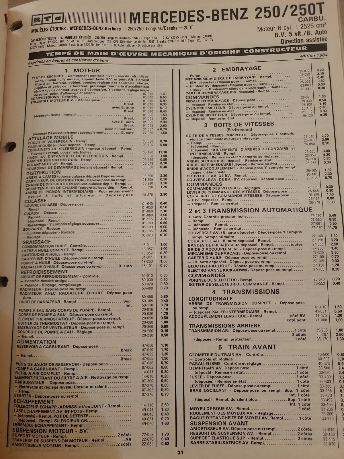 Baremes Temps Revue Technique Automobile MERCEDES Collector 1984 (Liv167)