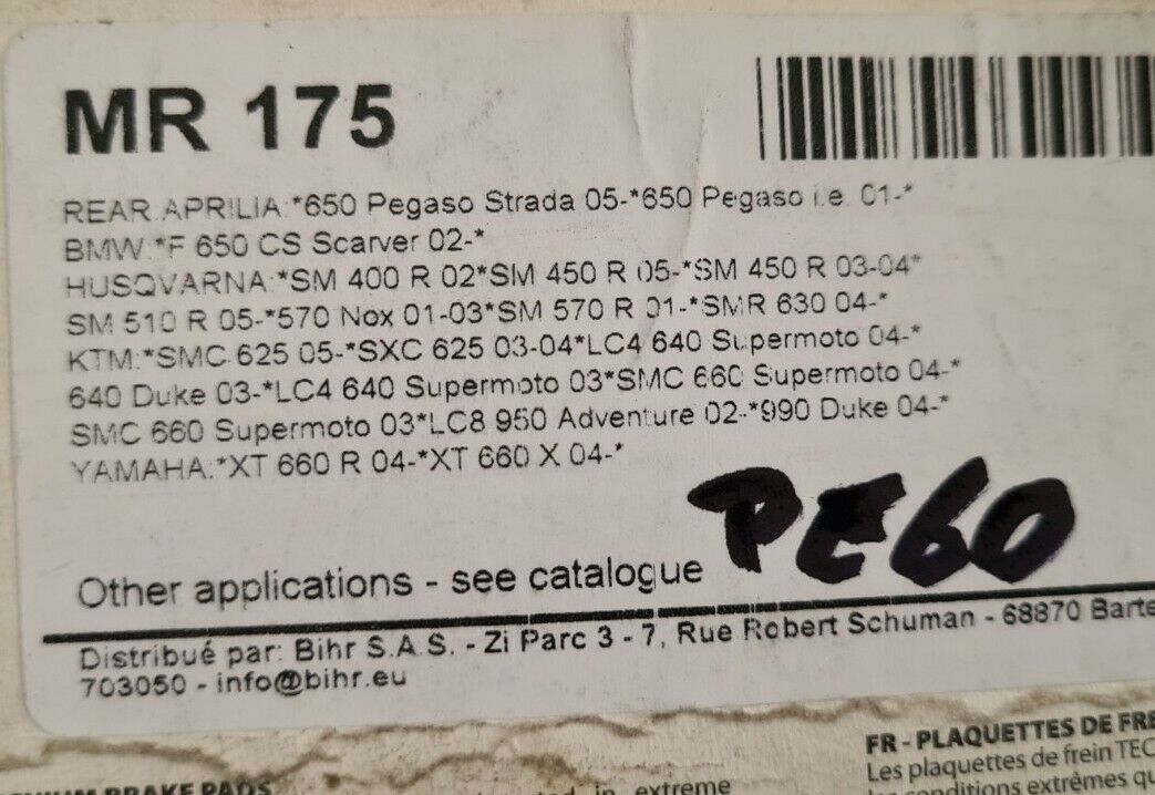 Plaquettes BMW 650 duke 640 xt.. voir fiche détail sur photo 2 (code PE60)