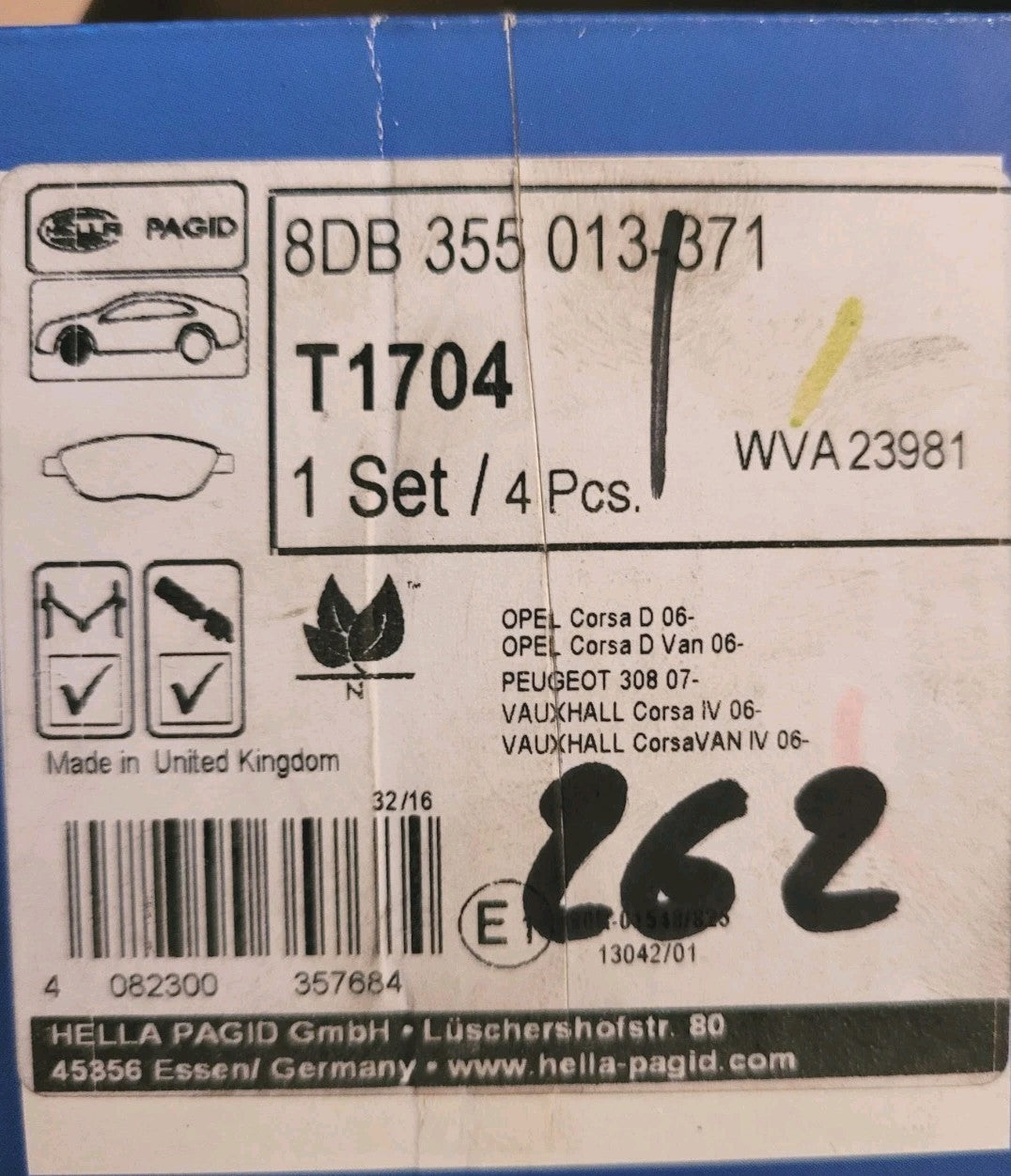 Jeu Plaquettes NEUF Av Opel Corsa D Peugeot 308 Fiat 500 8DB 355 013-3 (#AUT262)