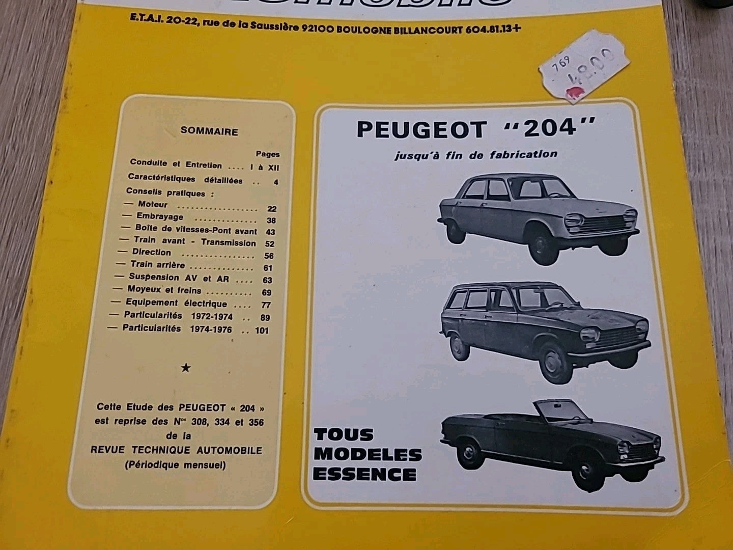 Revue Technique PEUGEOT 204 RTA de 123 pages (Liv27)