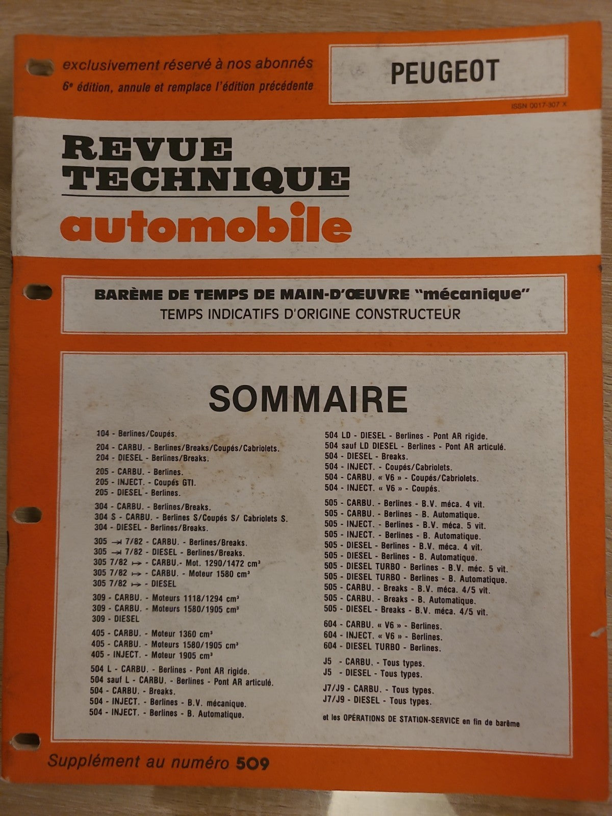Baremes Temps Revue Technique Automobile PEUGEOT Collector 1999 (Liv153)