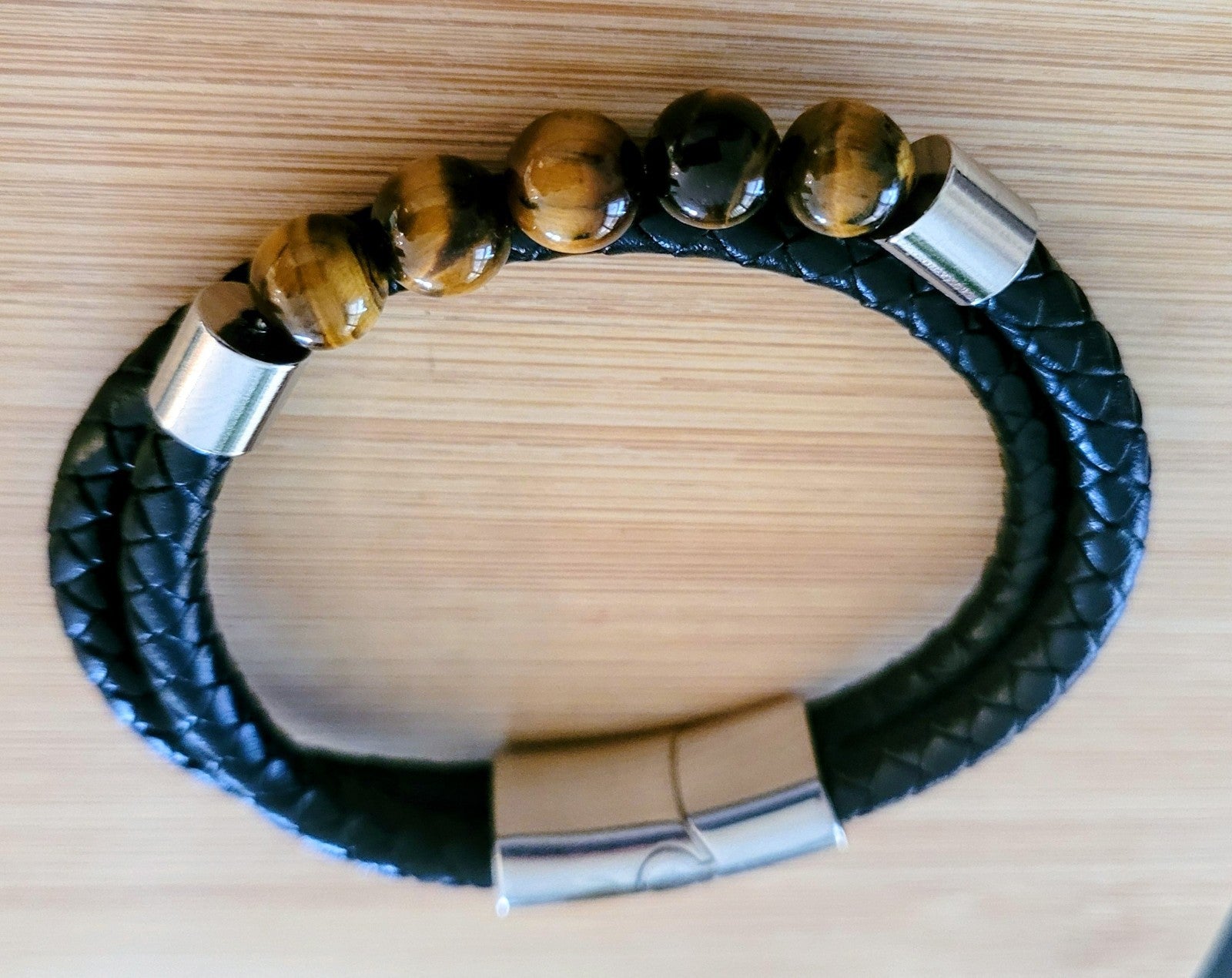Bracelet Cuir/Pierre 5 Perles Œil De Tigre 21cm Solide Mixte (Min3)