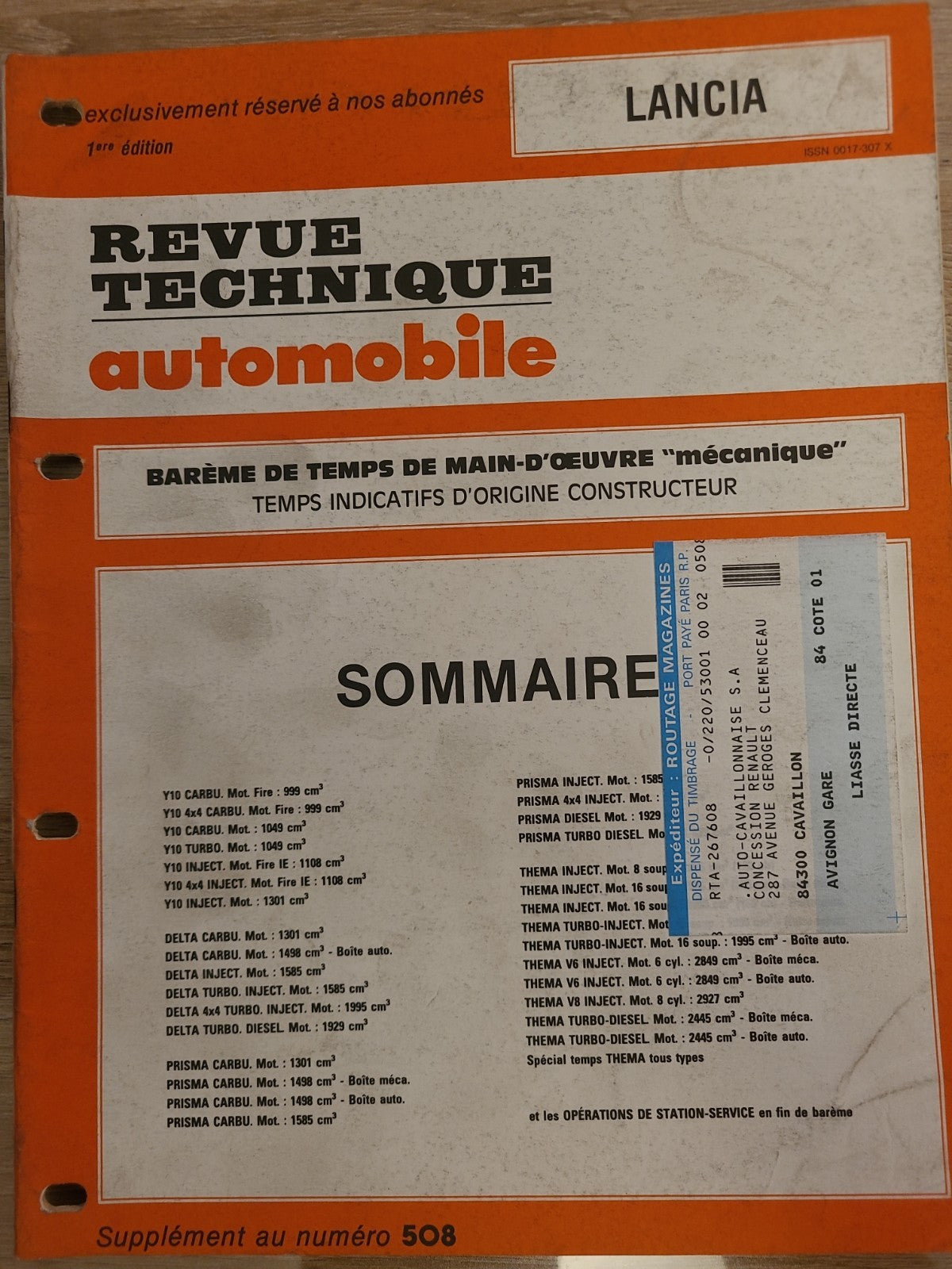 Baremes Temps Revue Technique Automobile LANCIA  Collector 1989 (Liv146)