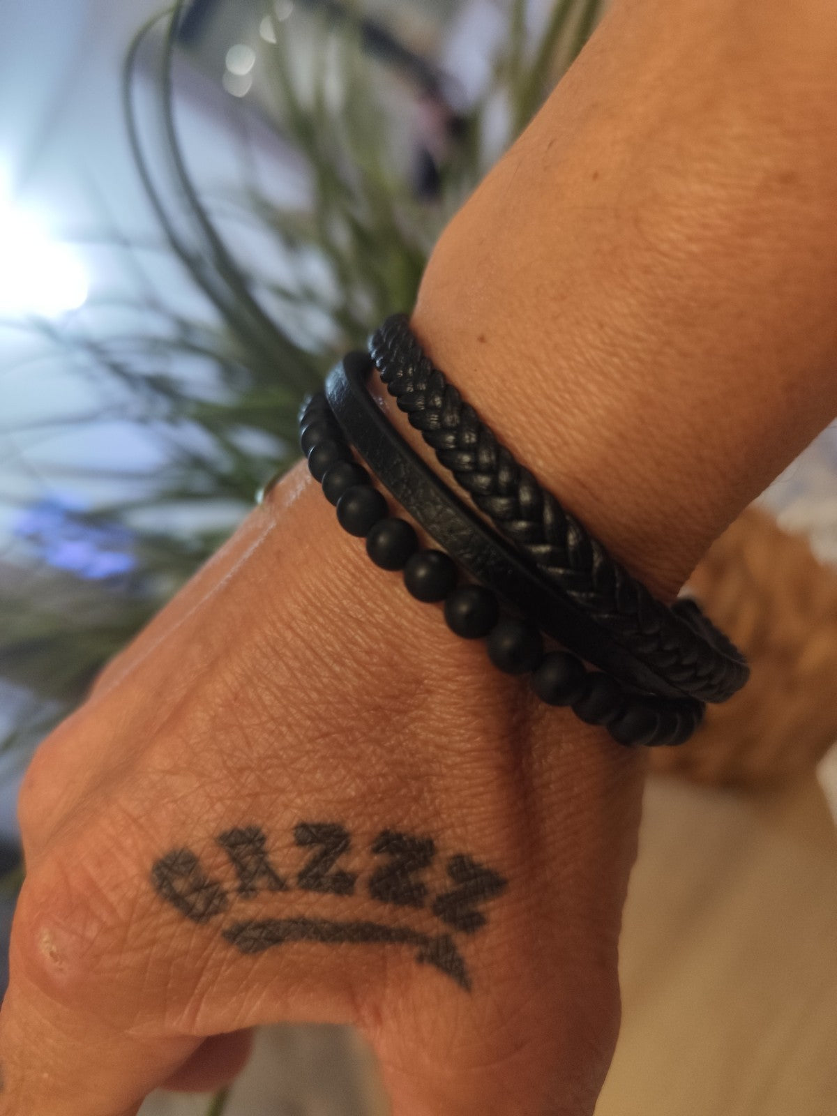 Bracelet Cuir Et Perles 6mm Onyx Fermeture Acier Solide 21cm (Min16)
