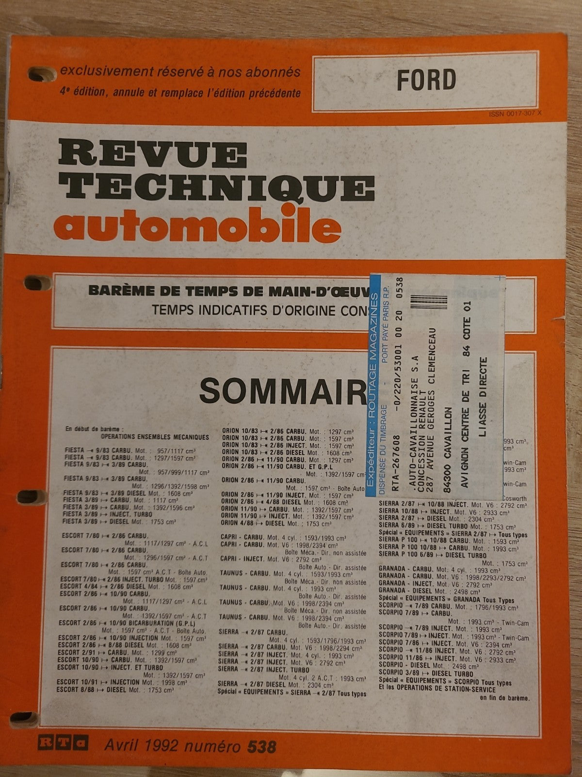 Baremes Temps Revue Technique Automobile FORD Collector 1992  (Liv145)