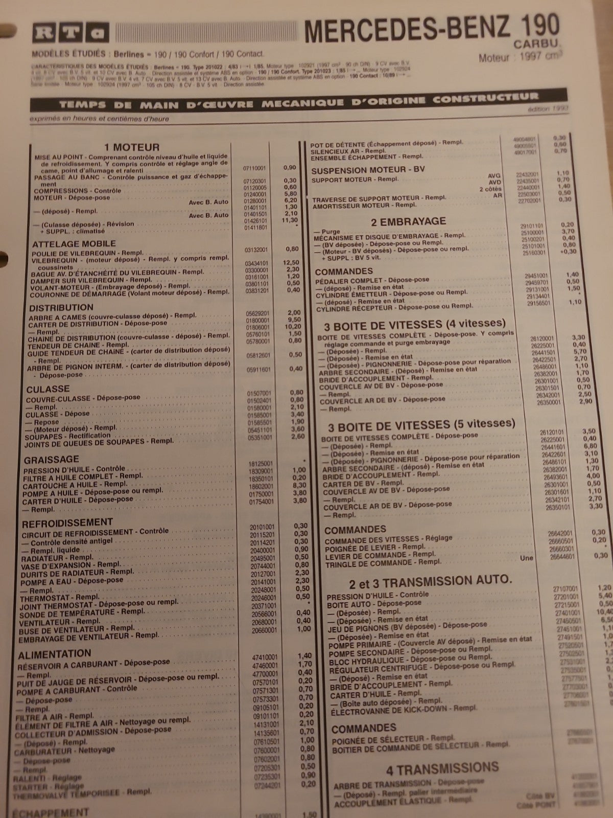 Baremes Temps Revue Technique Automobile MERCEDES Collector 1993 (Liv156)
