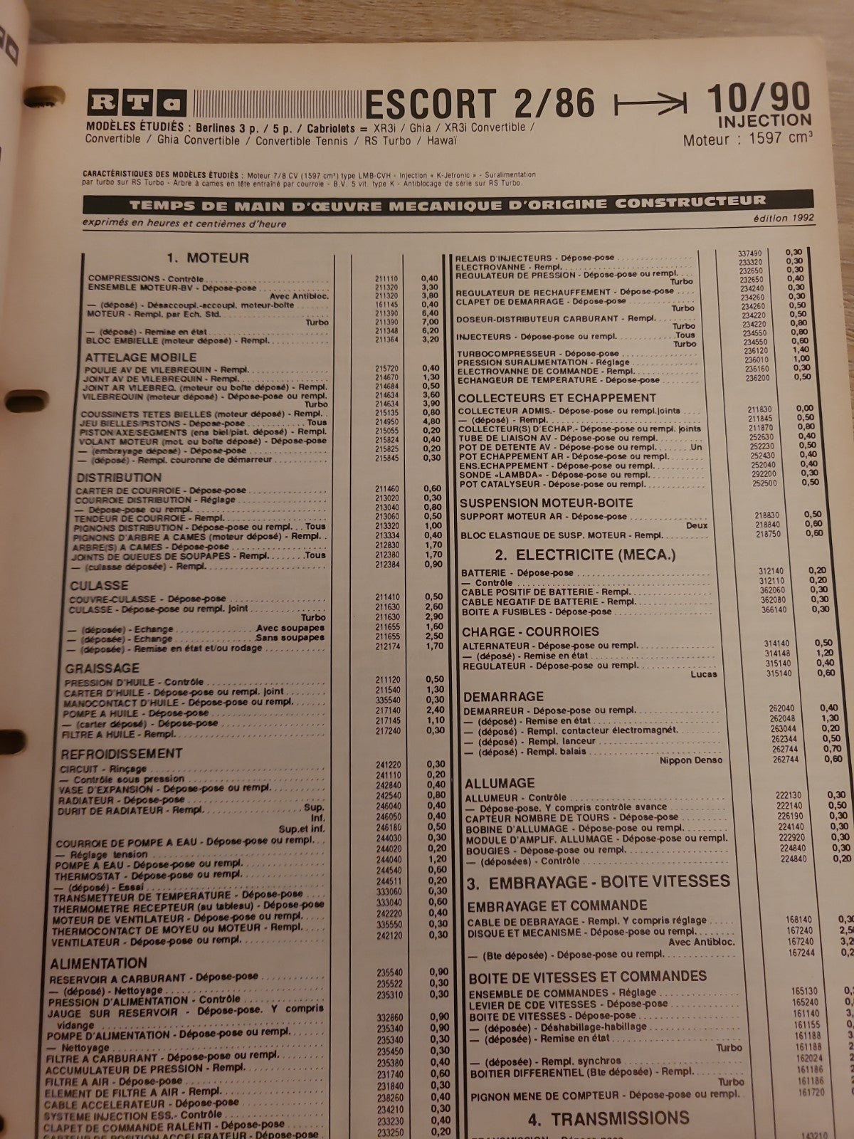 Baremes Temps Revue Technique Automobile FORD Collector 1992  (Liv145)