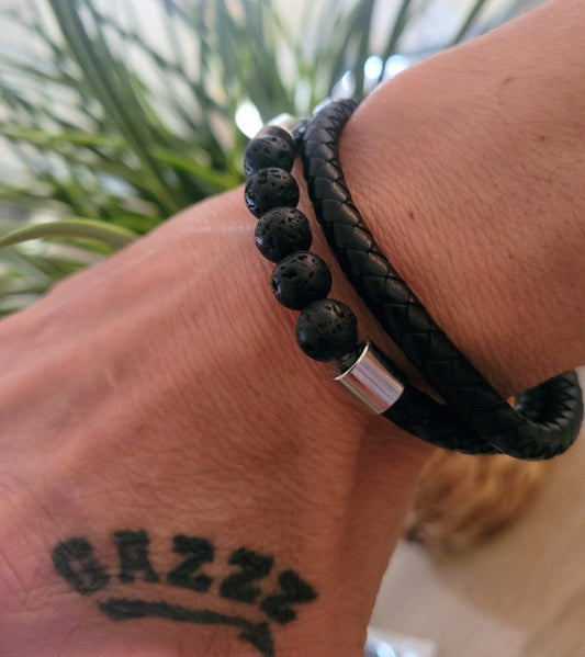 Bracelet Cuir/Pierre 5 Perles De Lave 21cm Solide Mixte (Min4)