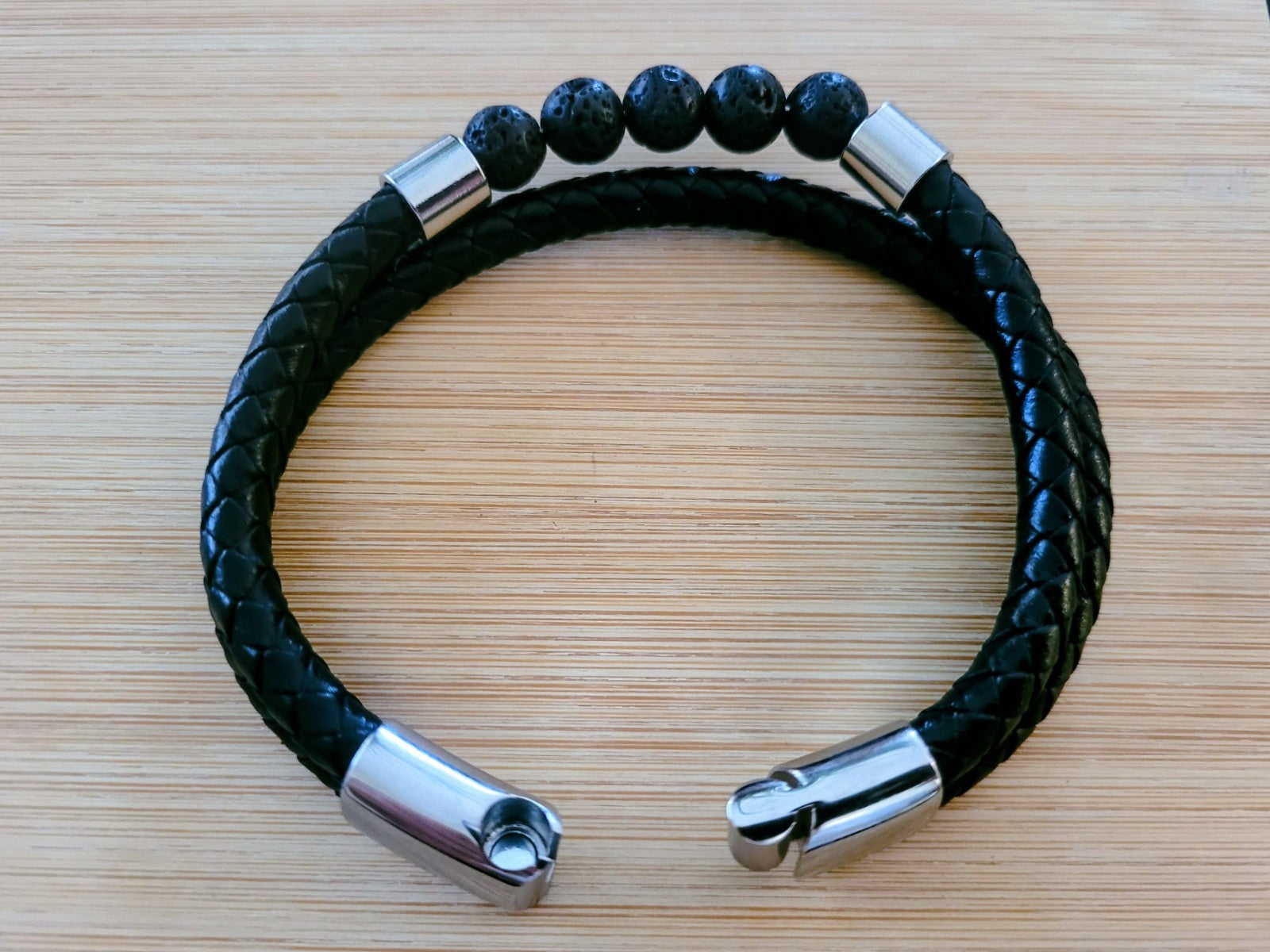 Bracelet Cuir/Pierre 5 Perles De Lave 21cm Solide Mixte (Min4)
