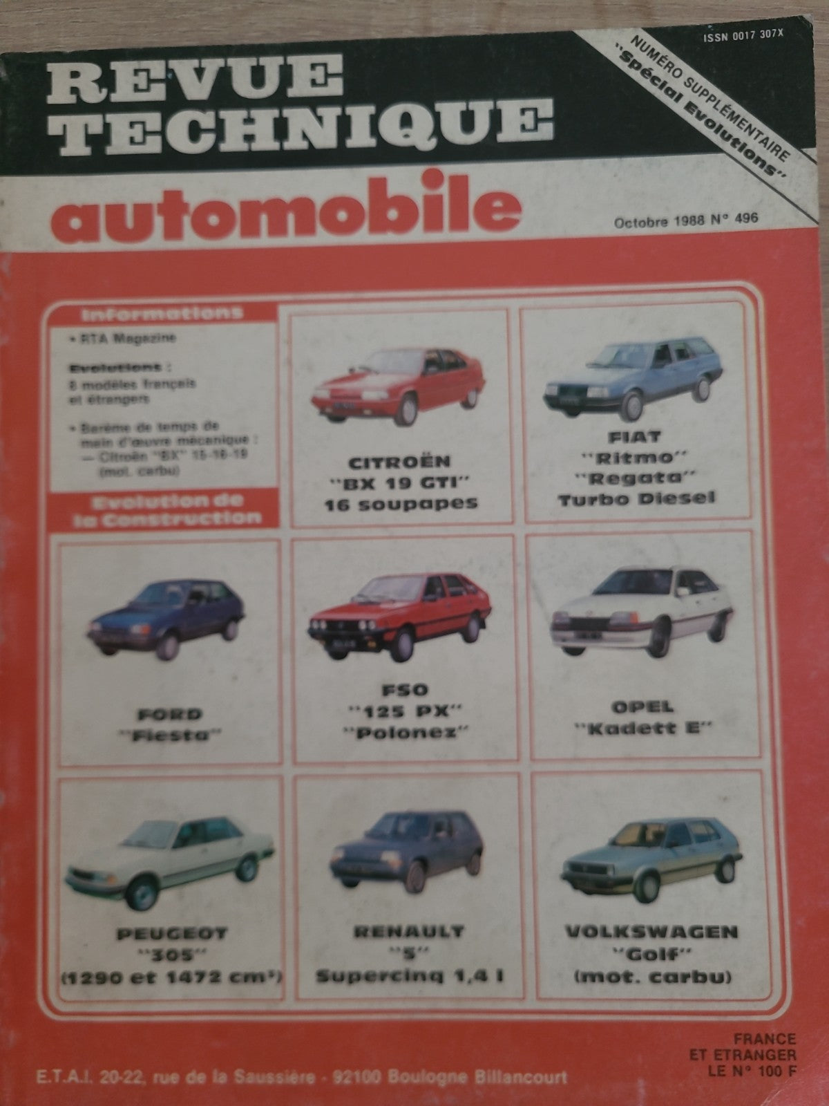 RTA Revue Technique Automobile Évolution 8 Modèles 1988 (Liv214)