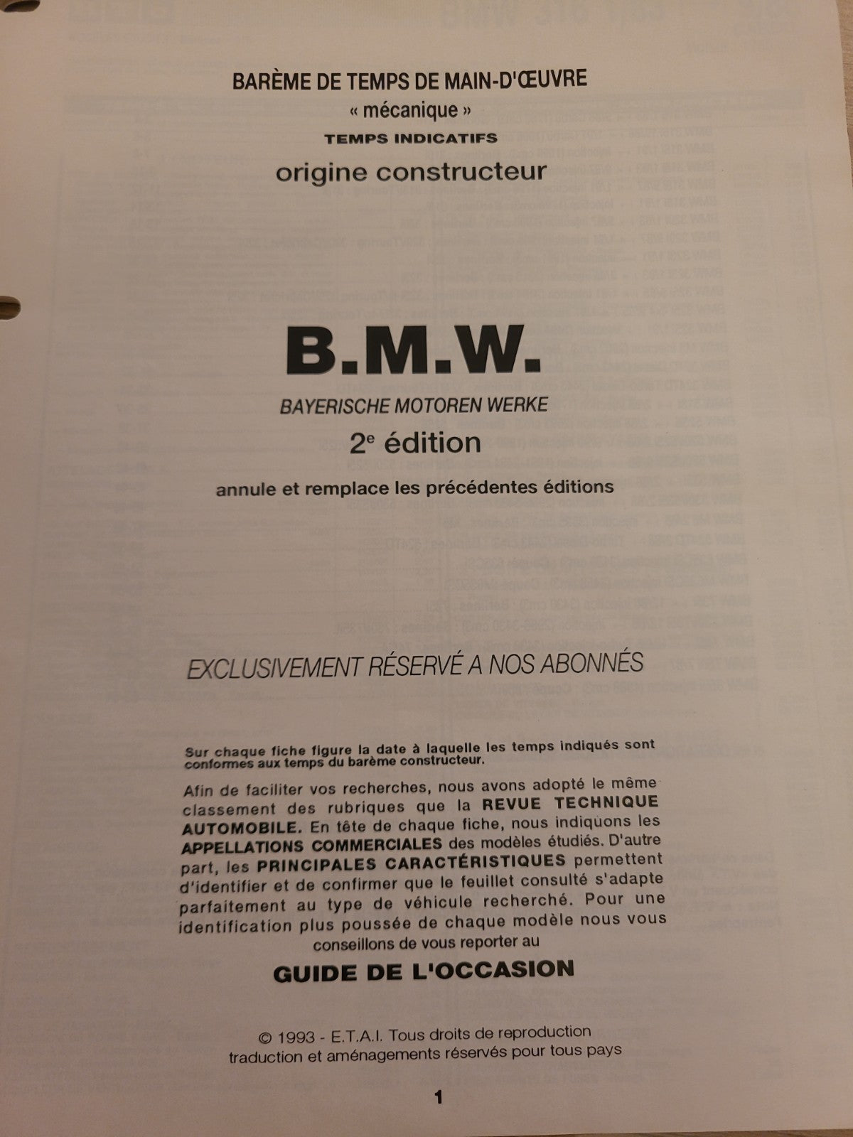 Baremes Temps Revue Technique Automobile BMW  Collector 1993  (Liv141)