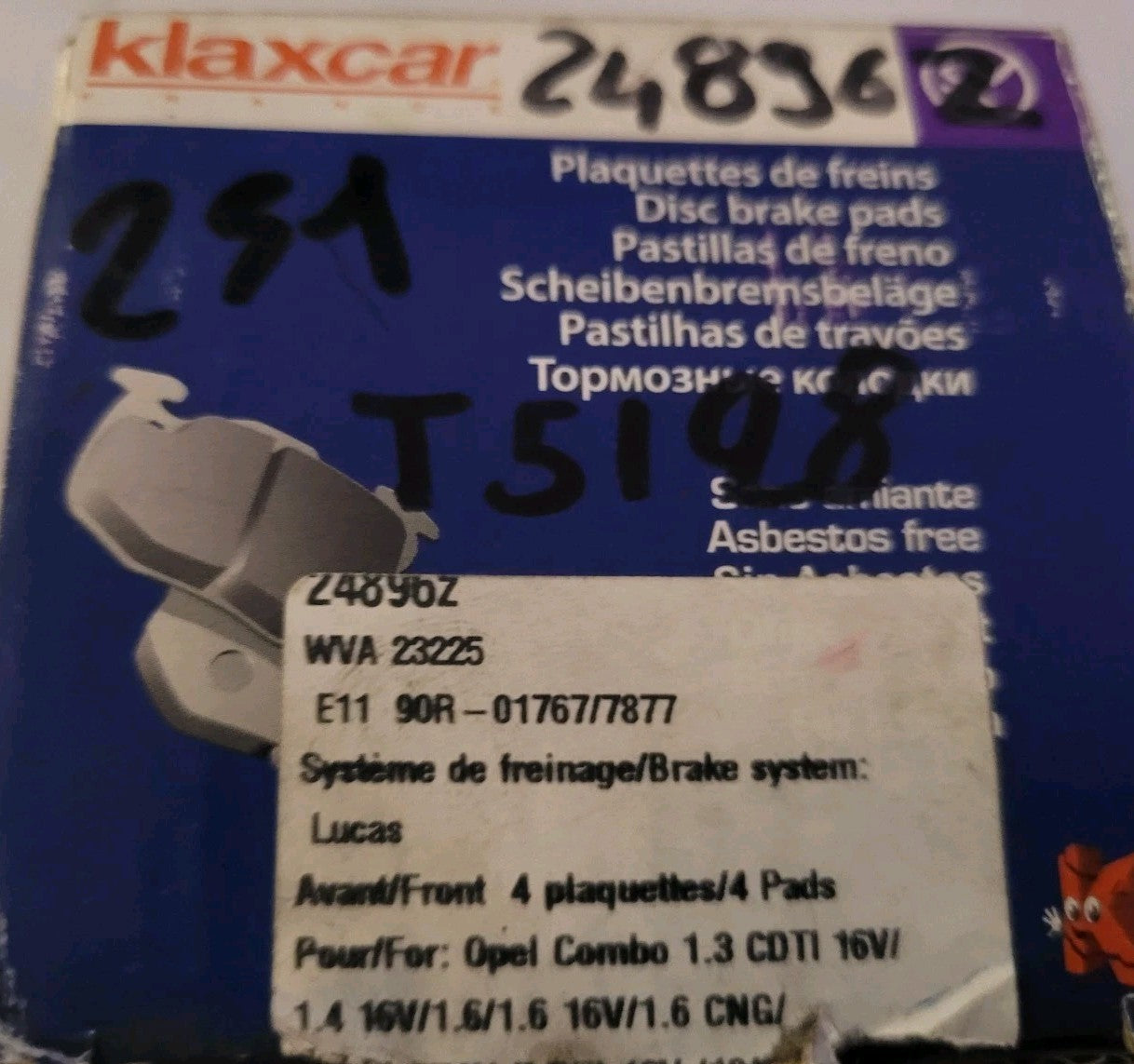 Jeu Plaquettes NEUF Opel Corsa Combo Mériva  WVA23225 5703858578763 (#AUT251)