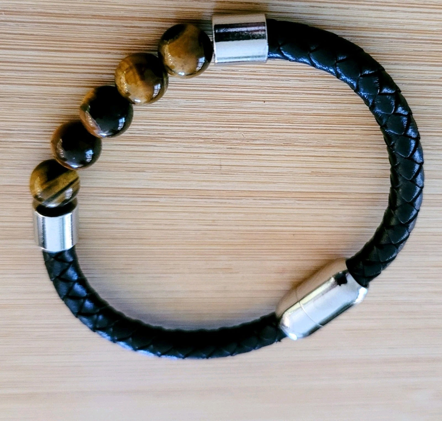 Bracelet Cuir/Pierre 5 Perles Œil De Tigre 21cm Solide Mixte (Min2)
